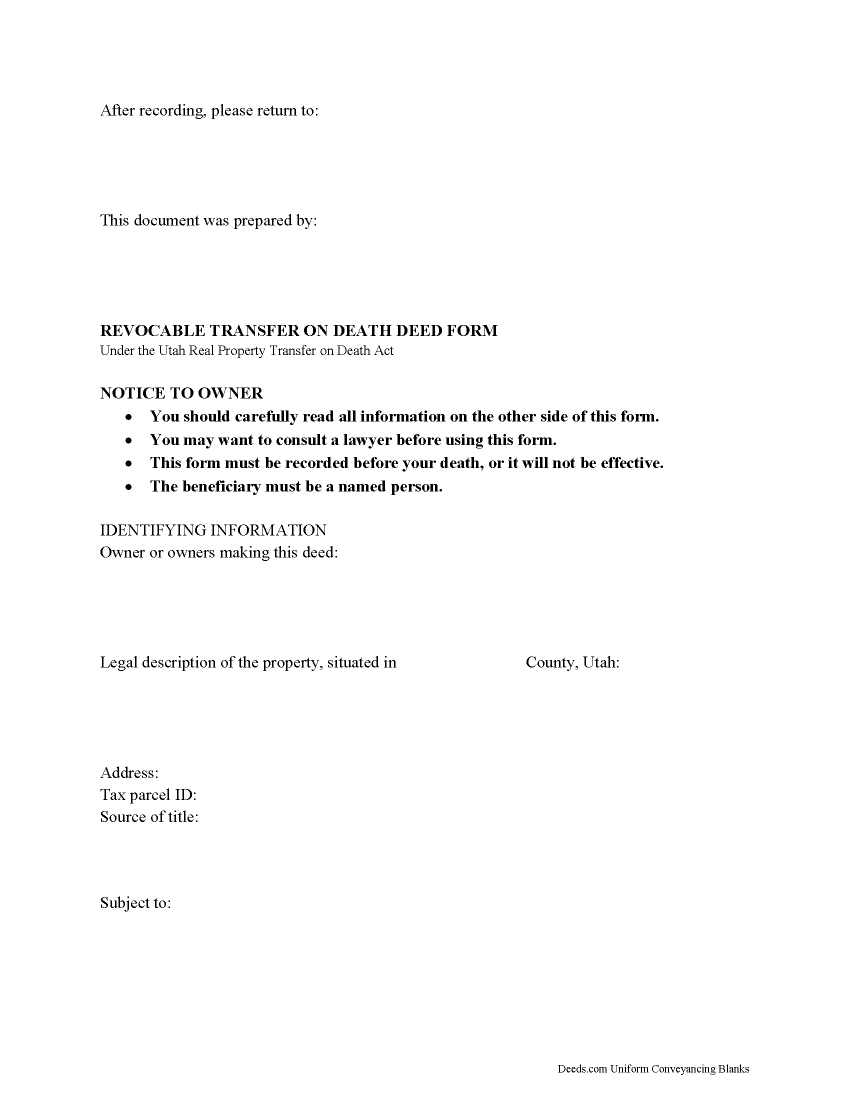 Davis County transfer on Death Deed Form