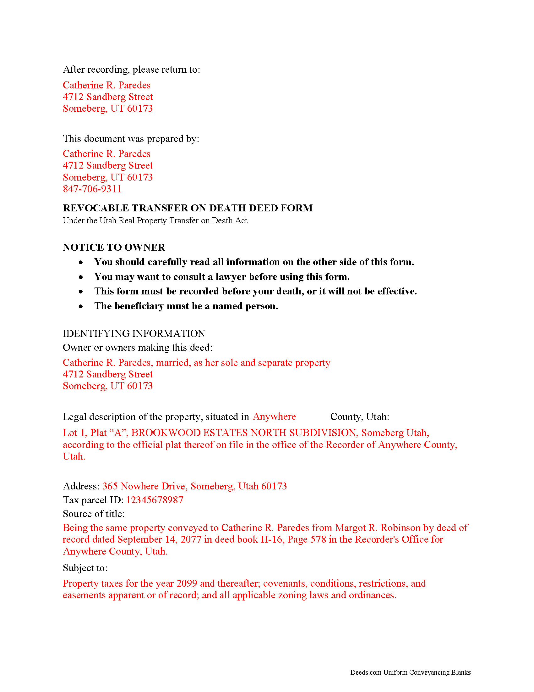 Davis County Completed Example of the Transfer on Death Deed Document