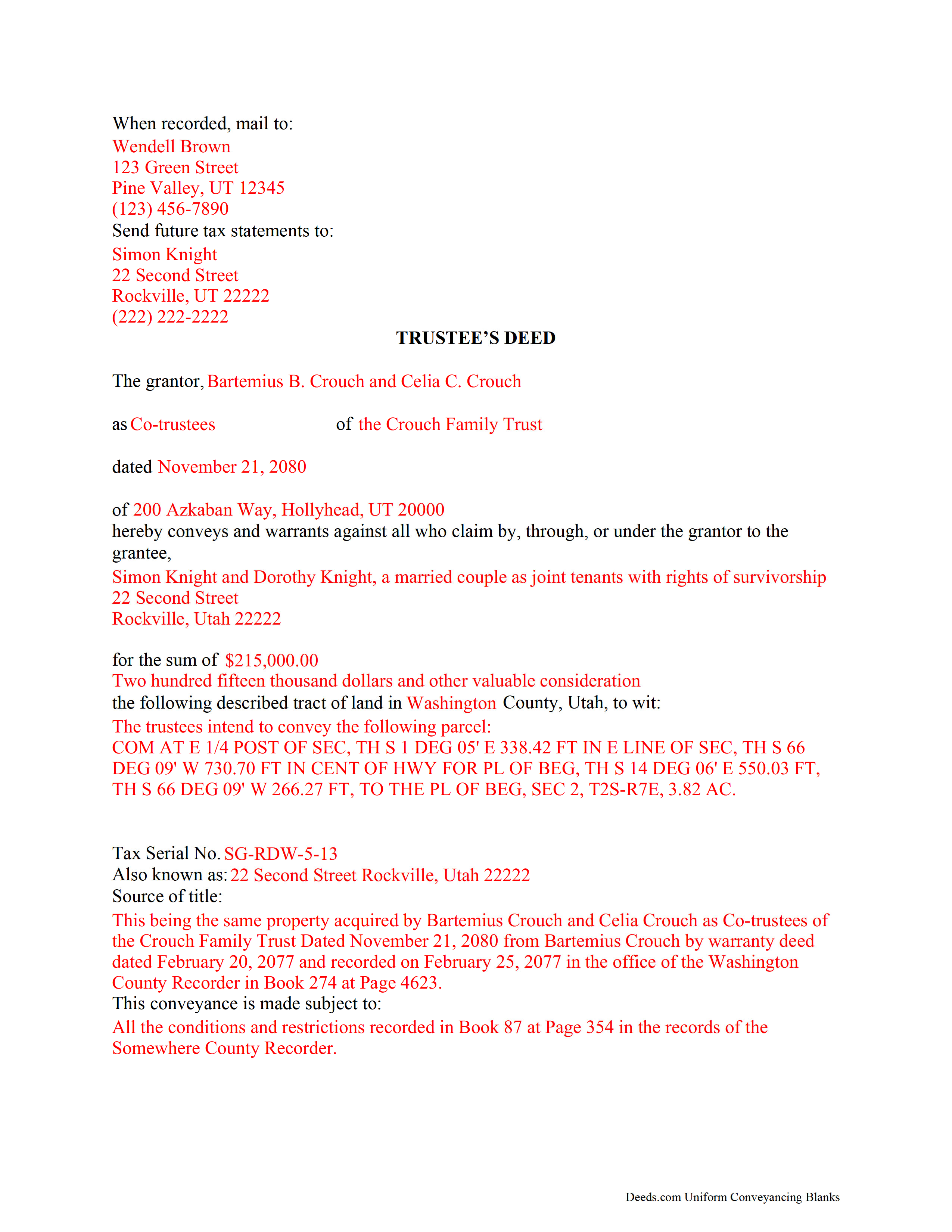 Wayne County Completed Example of the Trustee Deed Document
