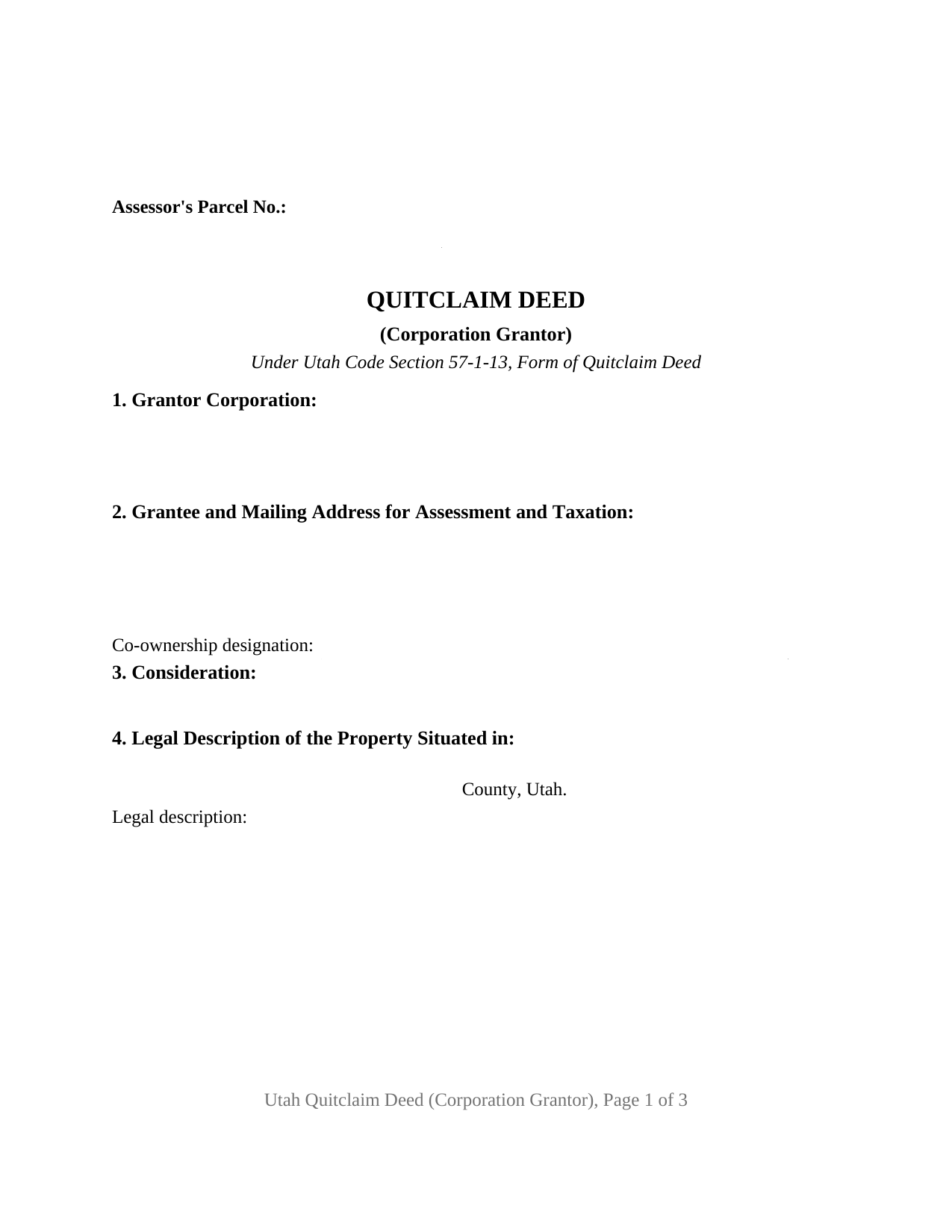 Utah Quitclaim Deed (Corporation Grantor)