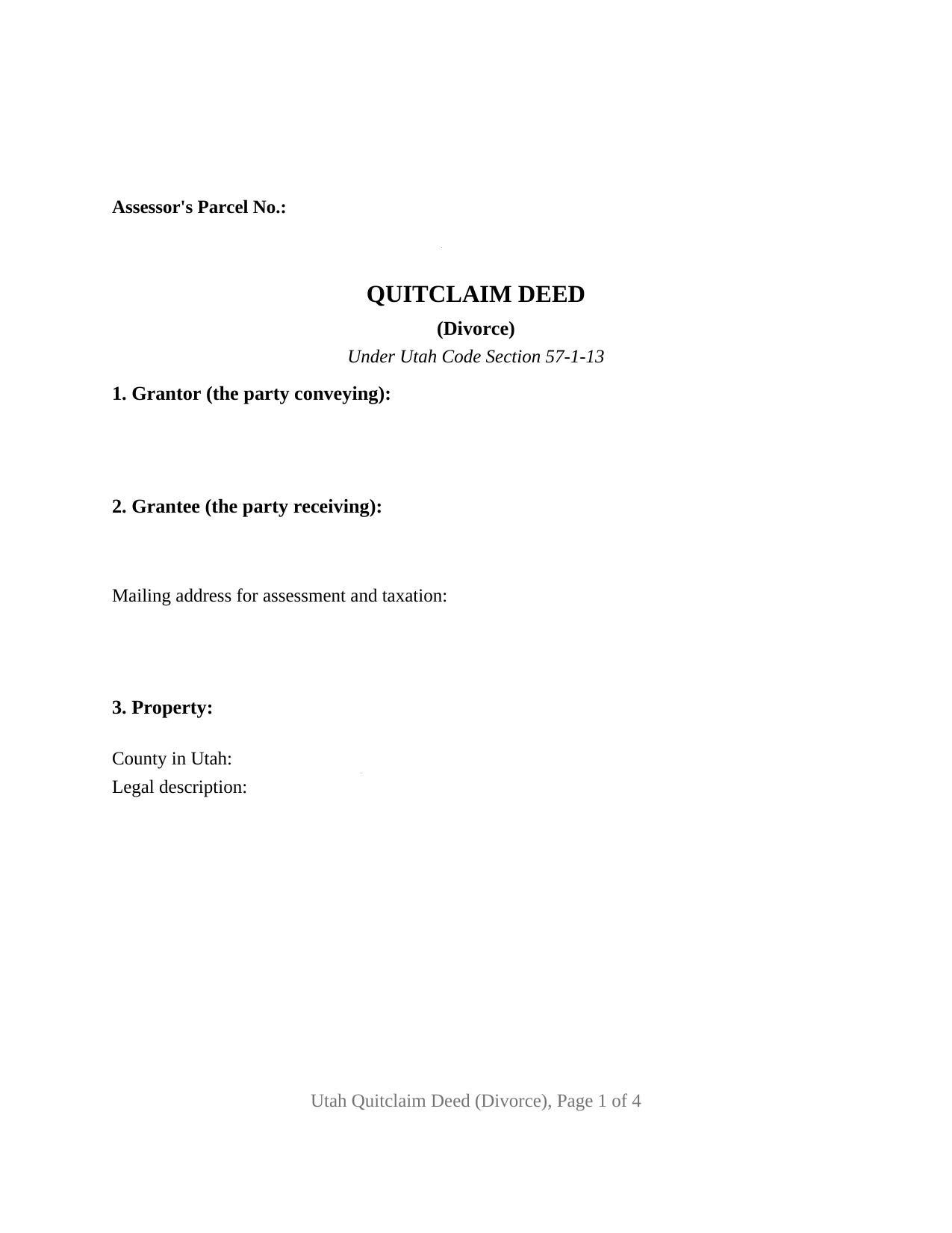 Utah Quitclaim Deed (Divorce)