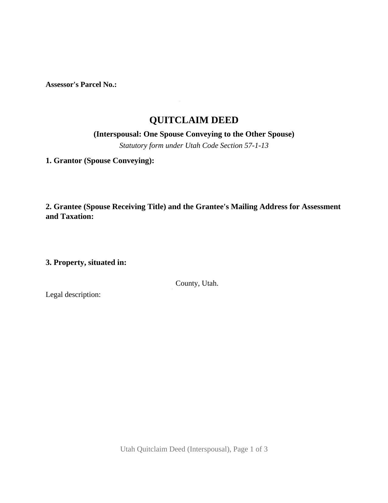 Utah Quitclaim Deed (Interspousal)