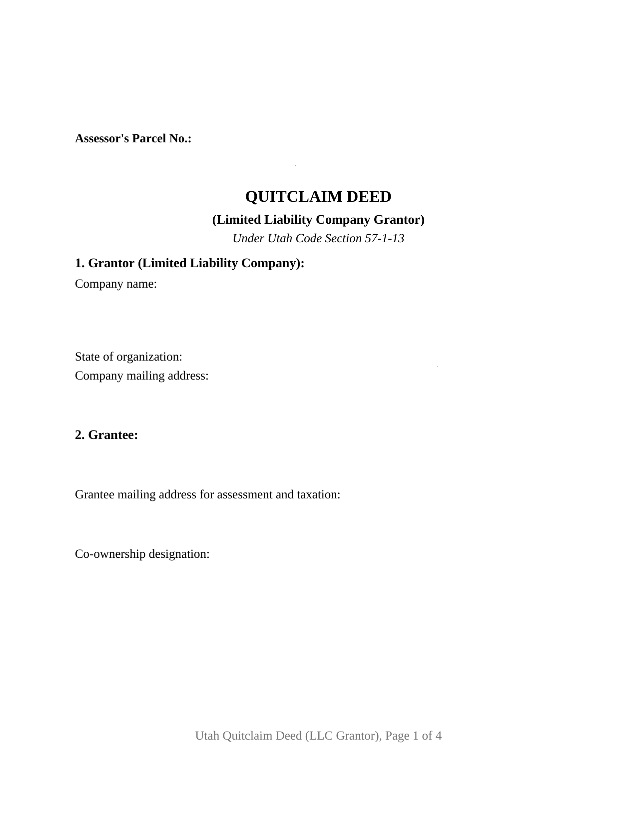 Utah Quitclaim Deed (LLC Grantor)
