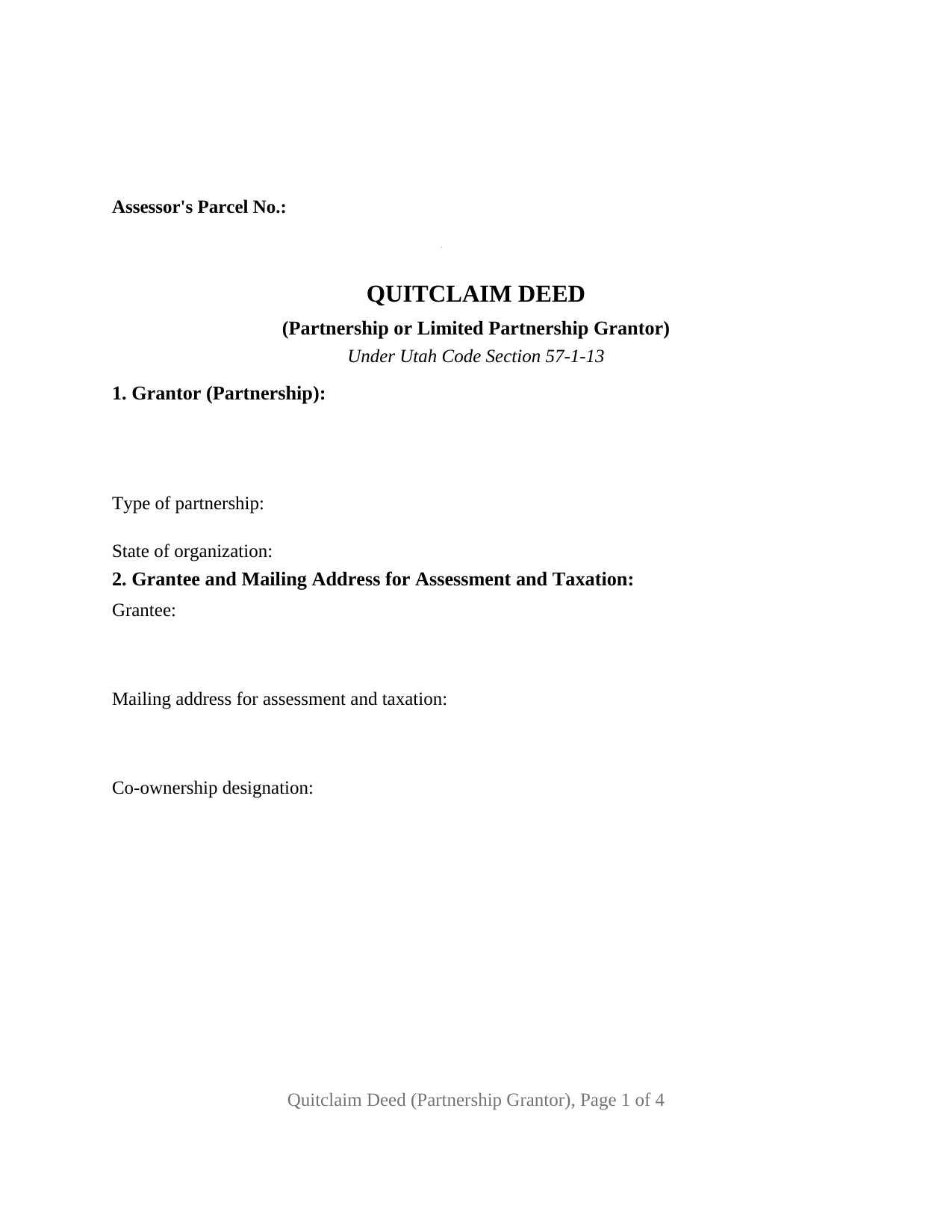 Utah Quitclaim Deed (Partnership or Limited Partnership Grantor)