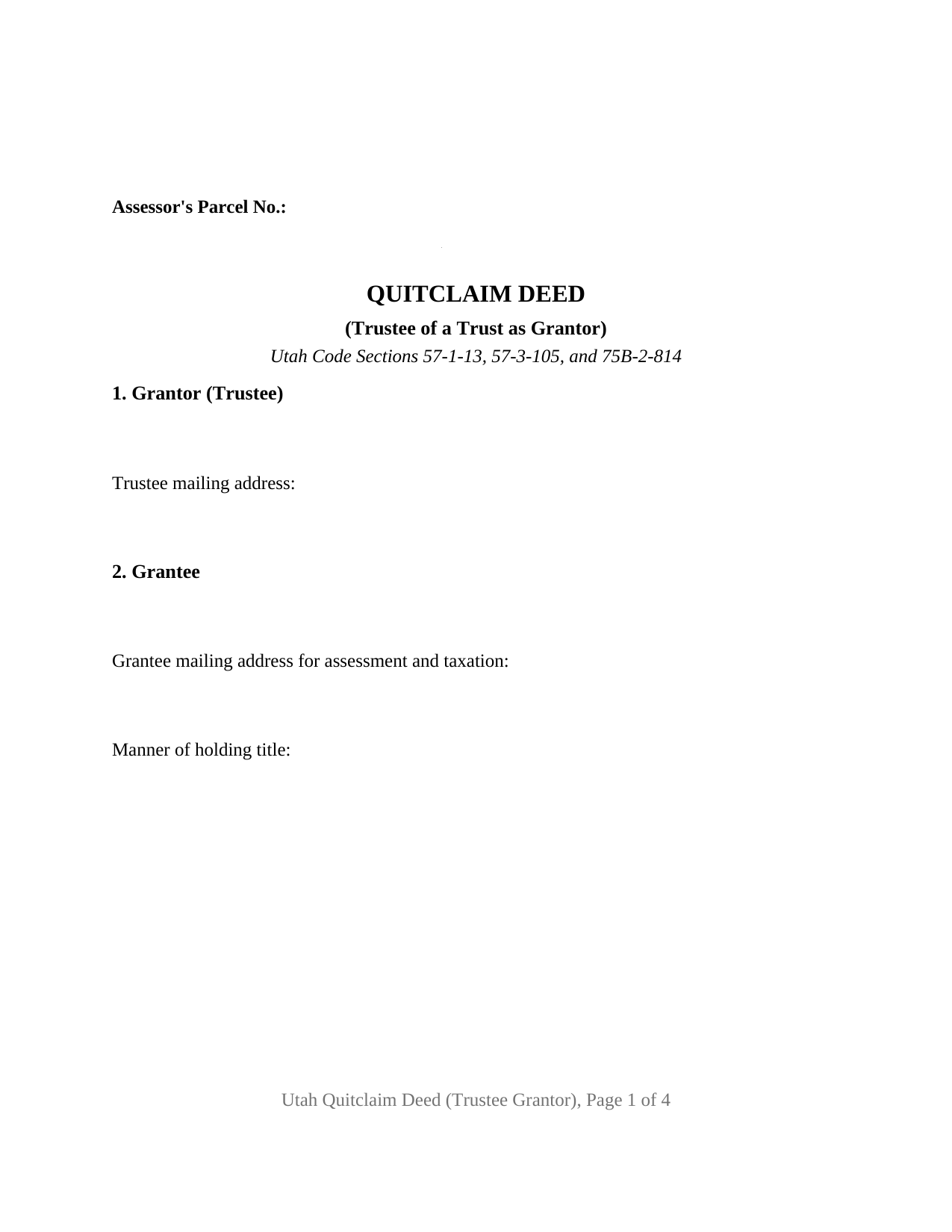 Utah Quitclaim Deed (Trustee Grantor)
