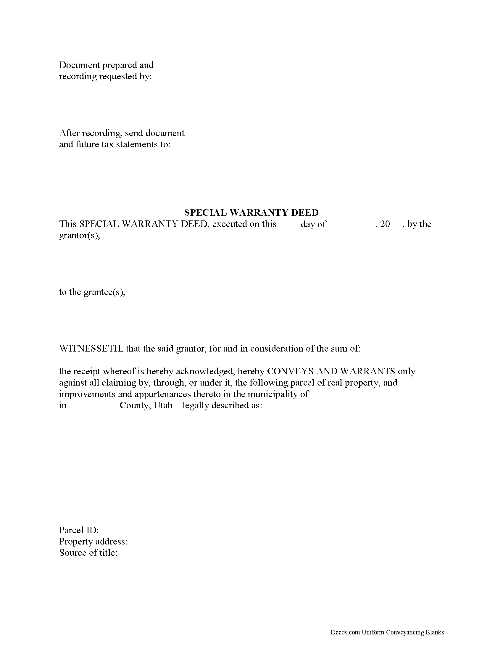 Utah Special Warranty Deed Image