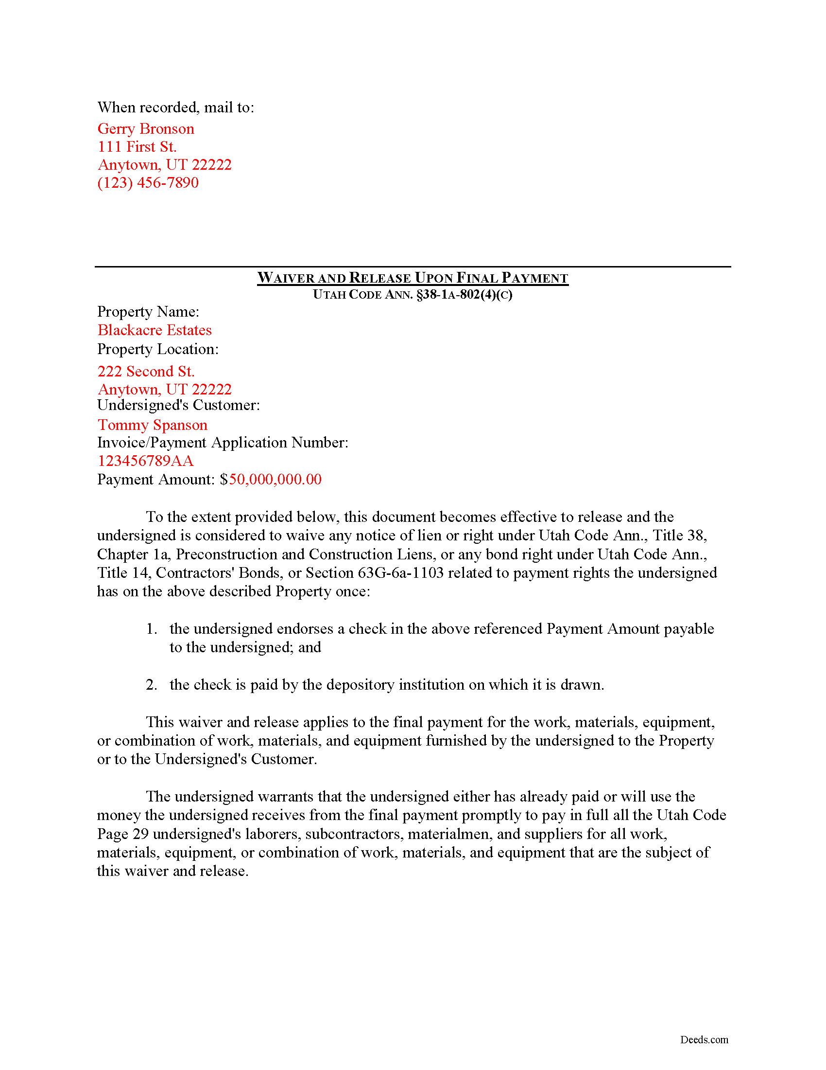 Completed Example of the Waiver and Release on Final Payment Document