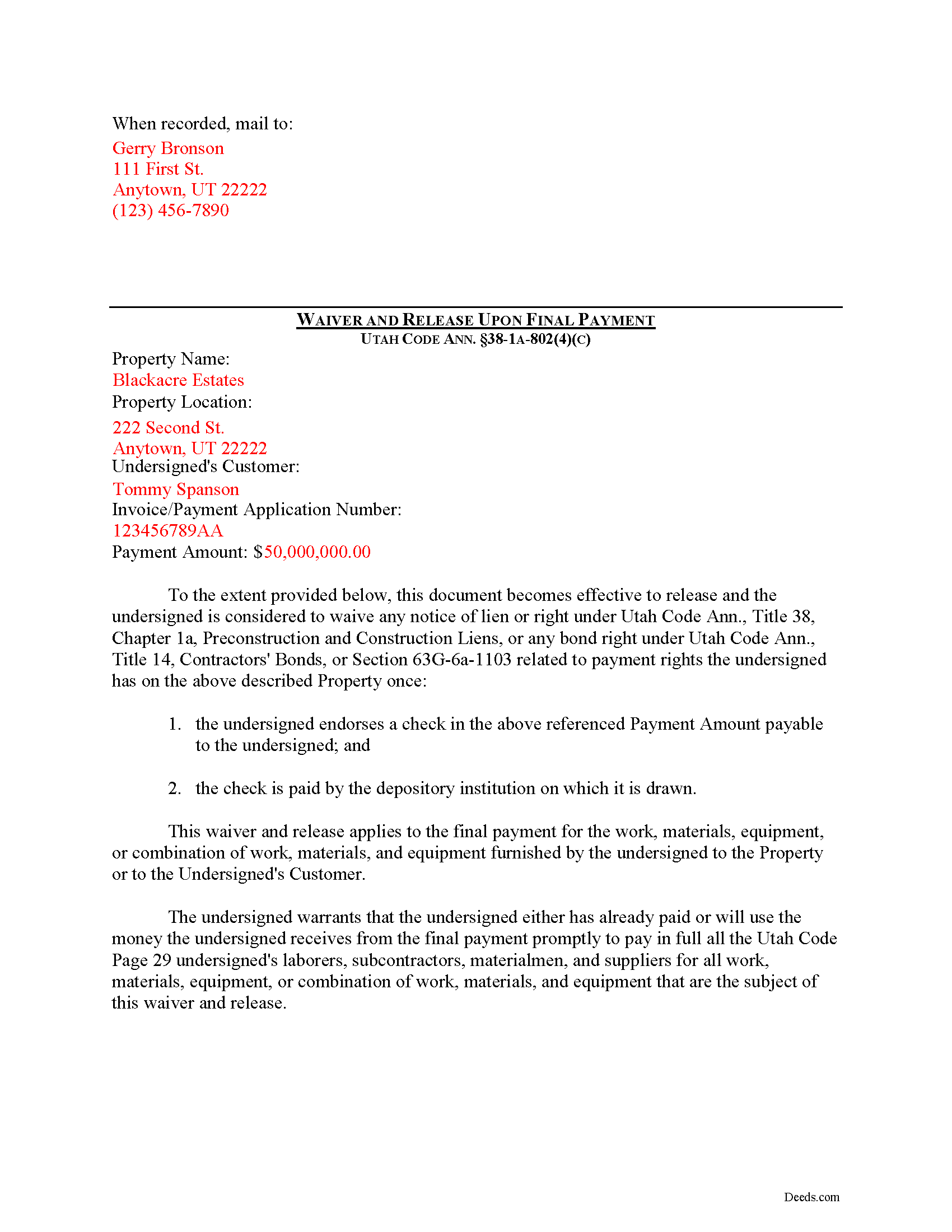 Davis County Completed Example of the Waiver and Release on Final Payment Document