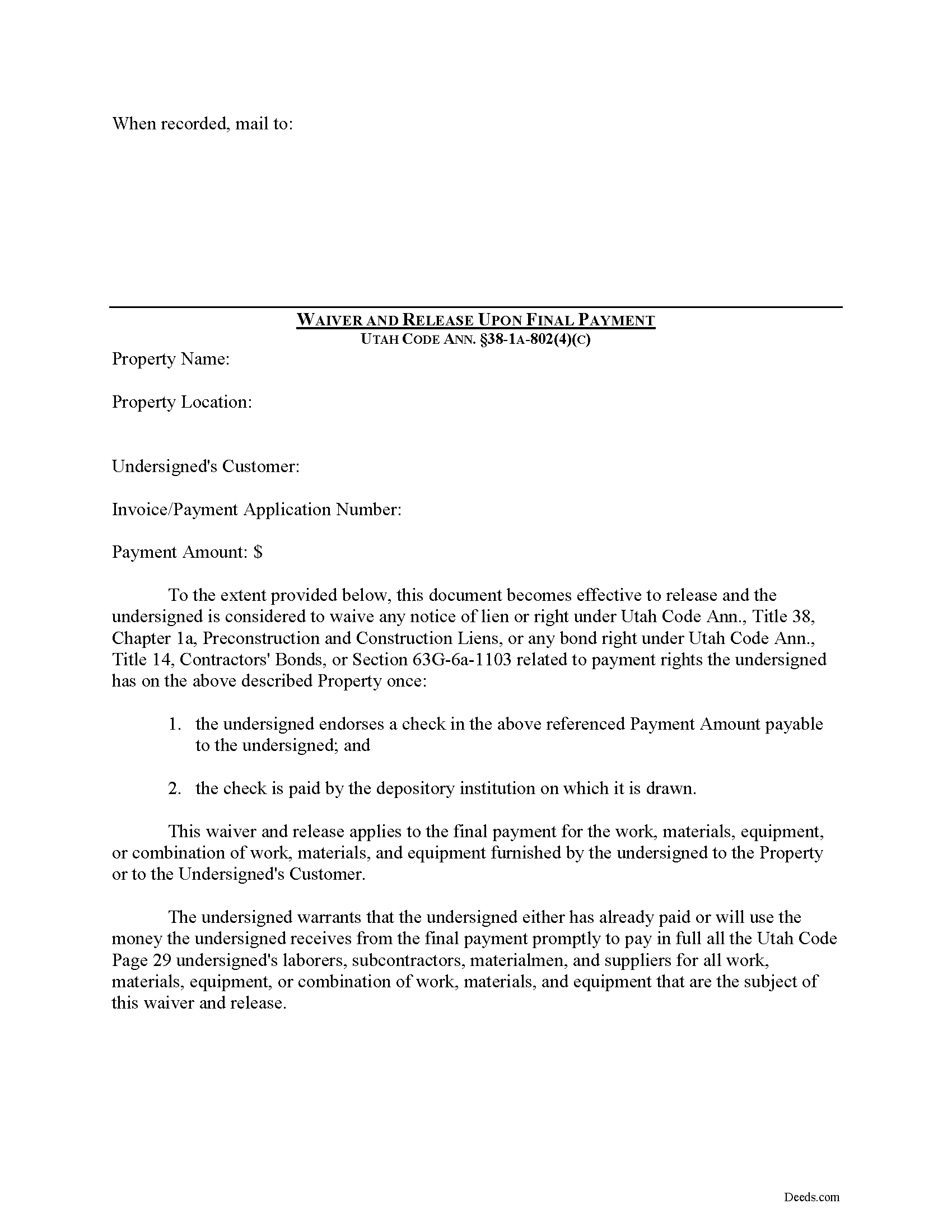 Davis County Waiver and Release on Final Payment Form