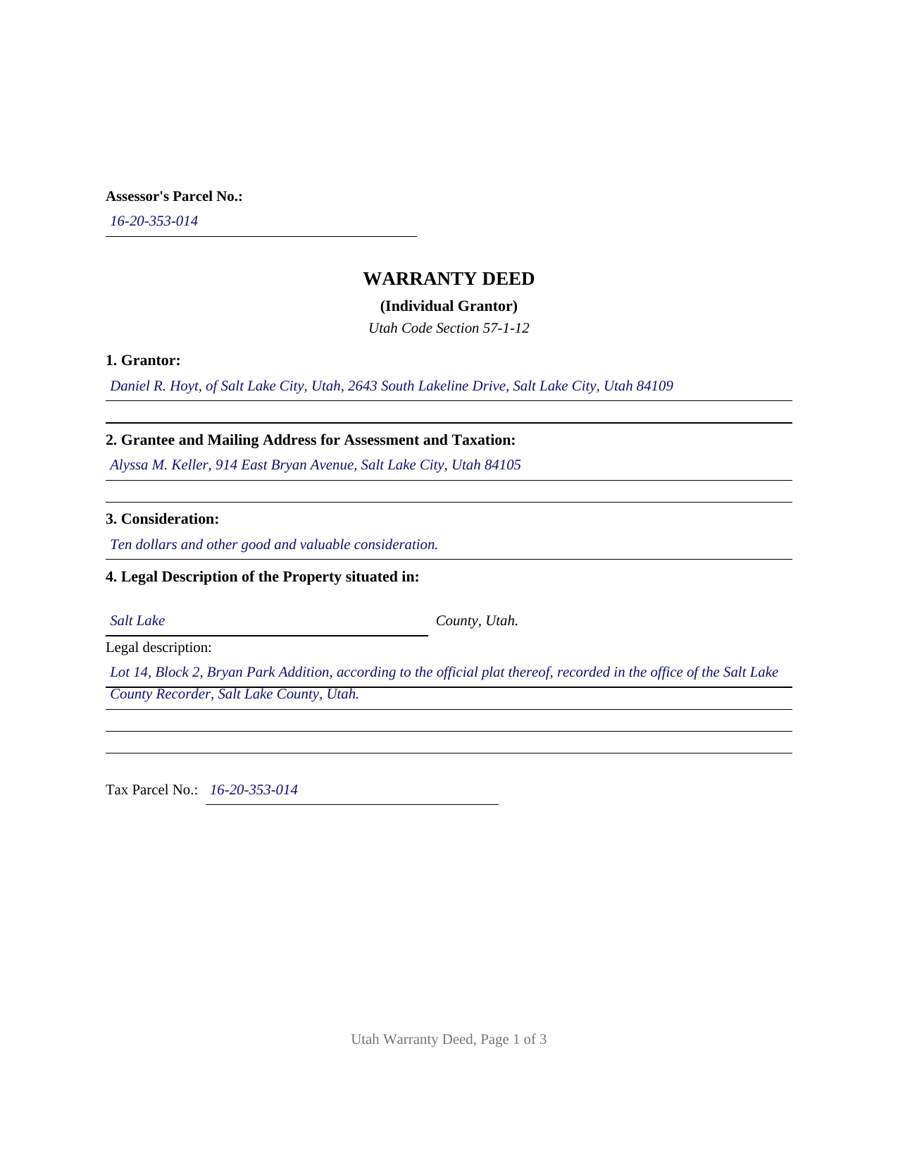 Wayne County Completed Example of the Warranty Deed (Individual Grantor) Document