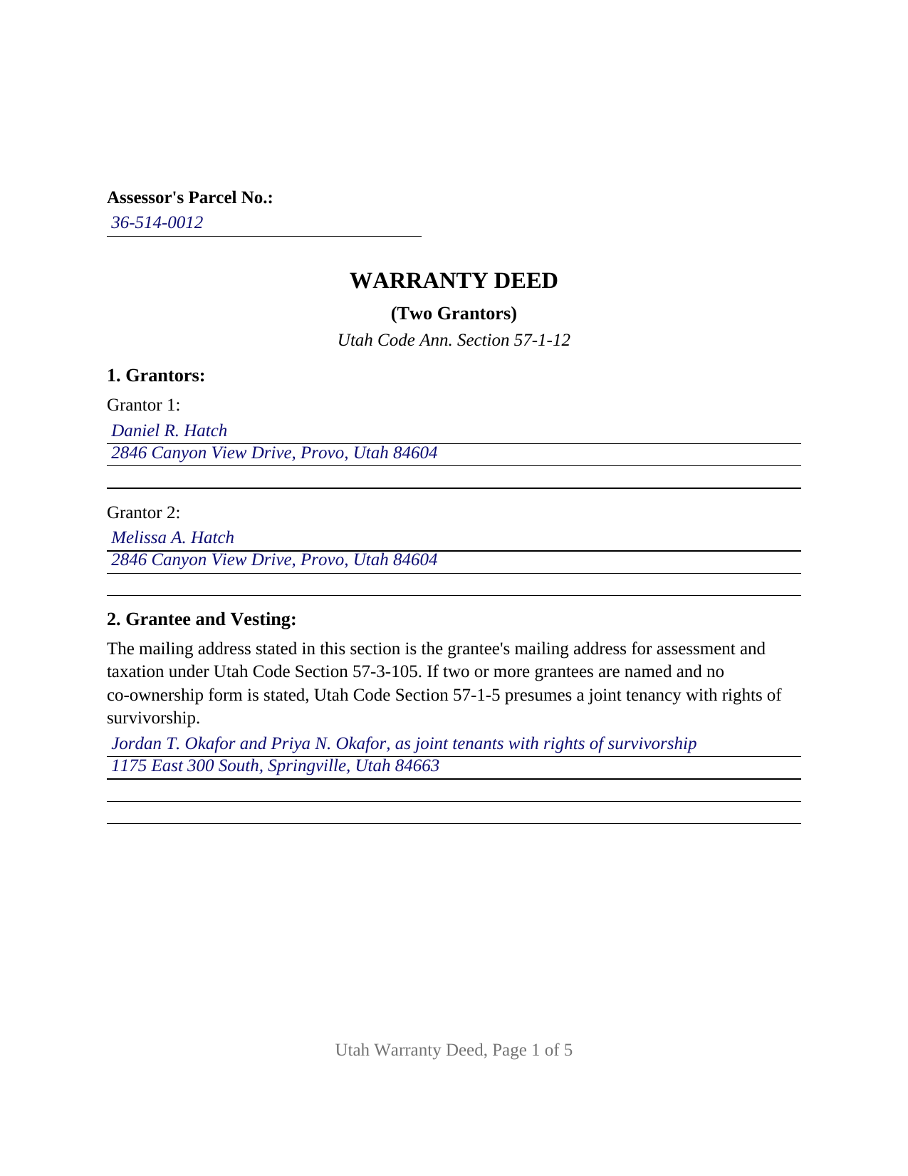 Millard County Completed Example of the Warranty Deed (Two Grantors) Document