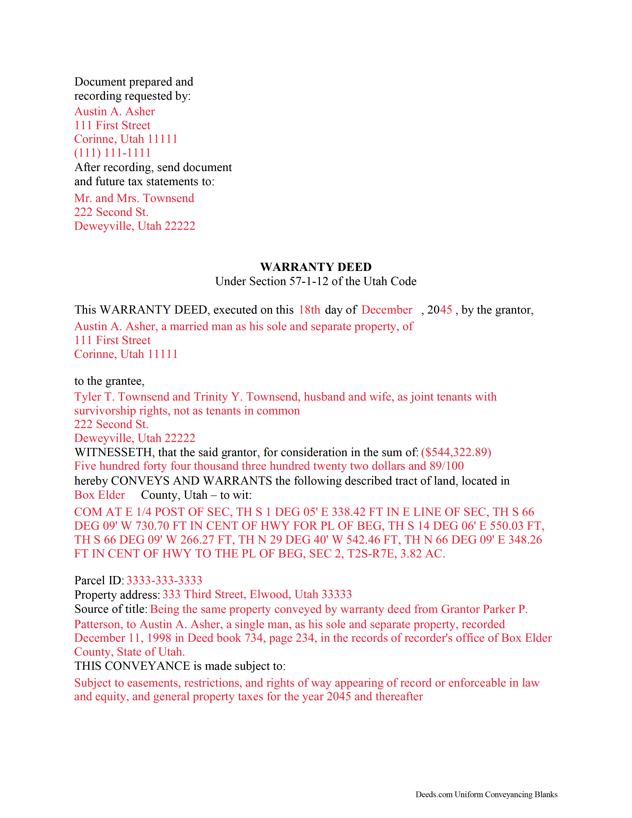 Davis County Completed Example of the Warranty Deed Document