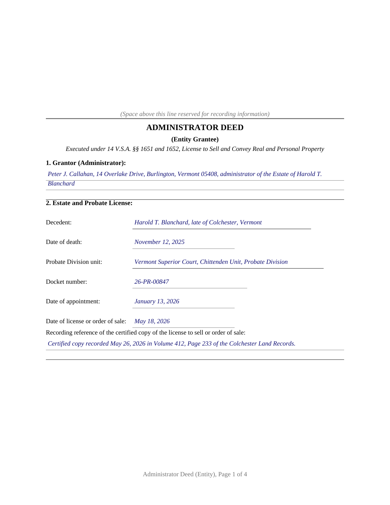 Essex County Completed Example of the Administrator Deed (Entity) Document
