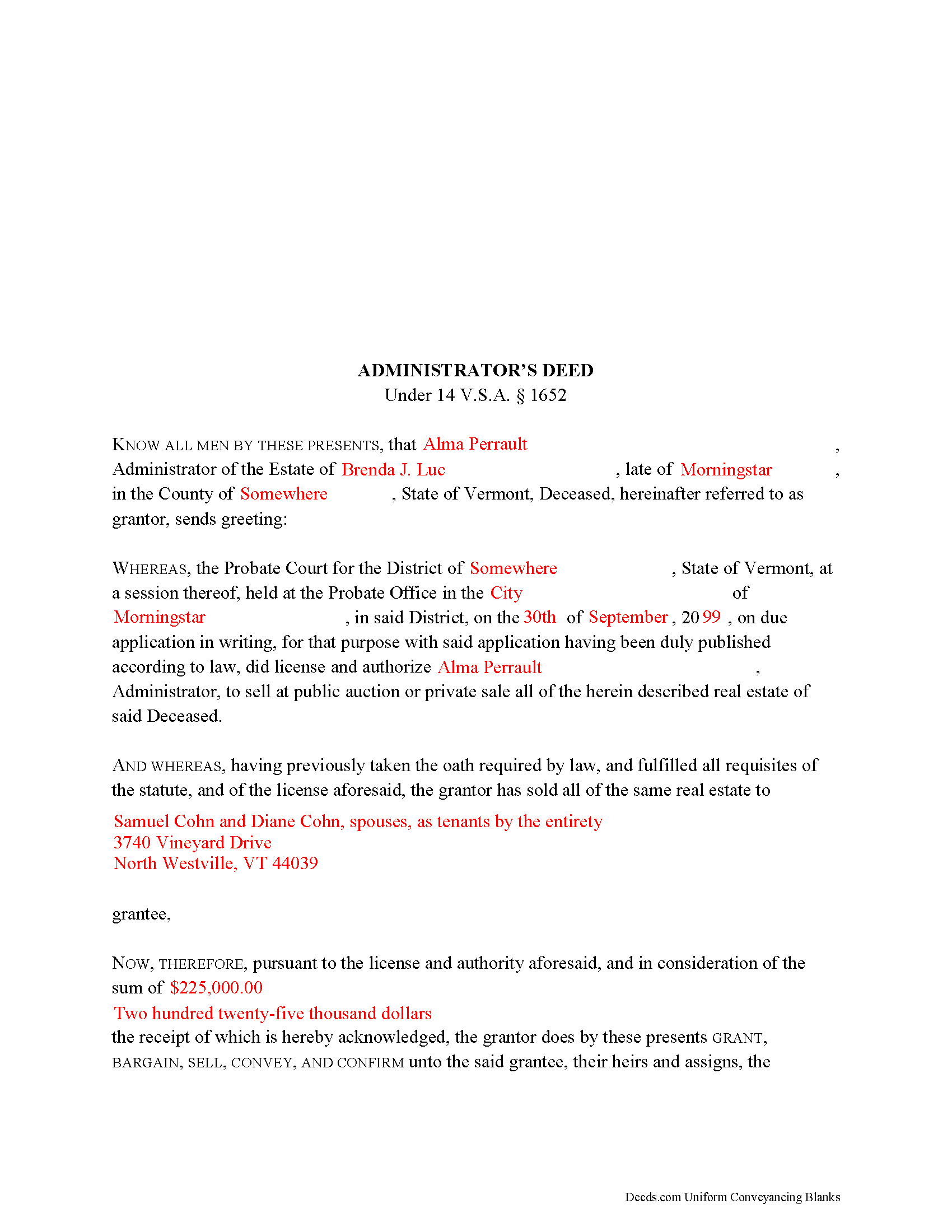 Addison County Completed Example of the Administrator Deed Document