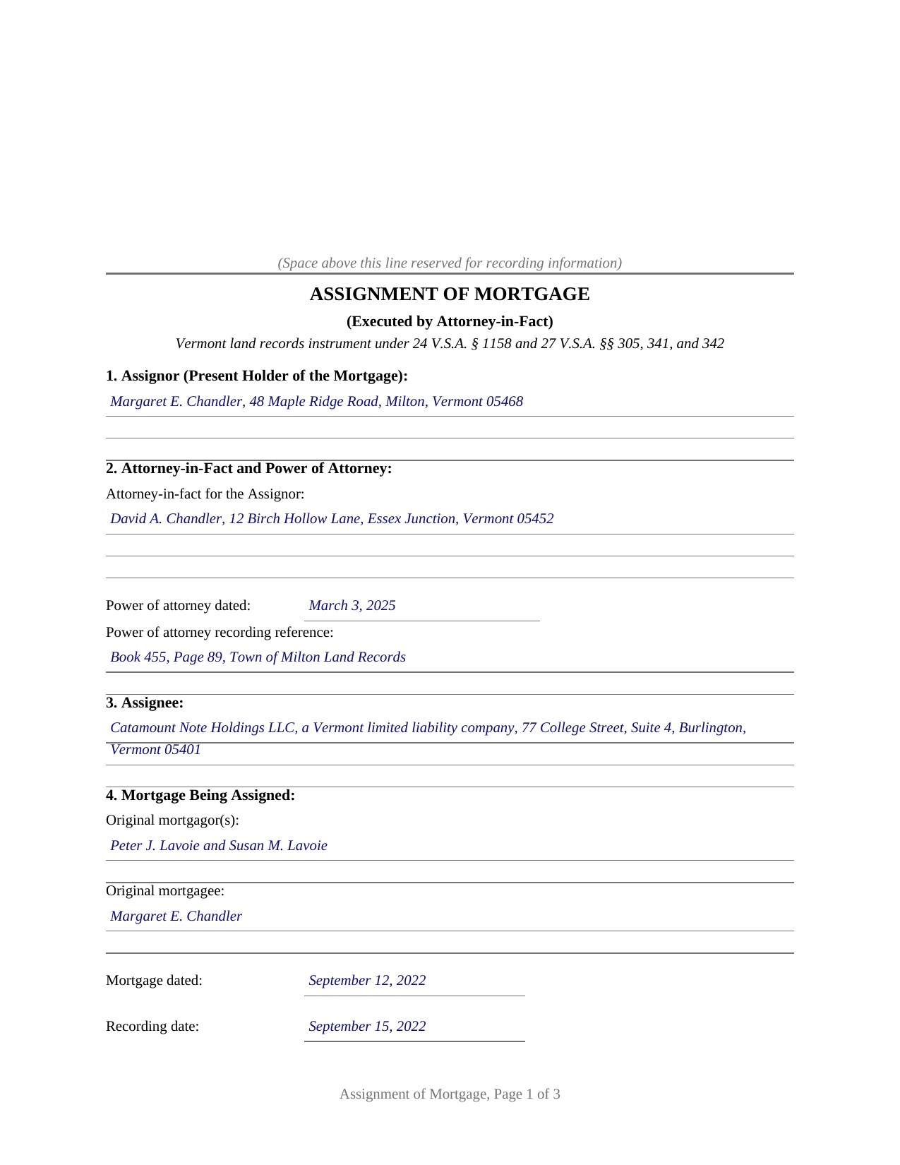 Essex County Completed Example of the Assignment of Mortgage (Executed by Attorney-in-Fact) Document