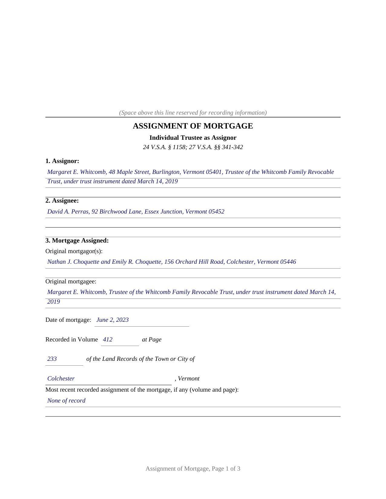Essex County Completed Example of the Assignment of Mortgage (Individual Trustee) Document