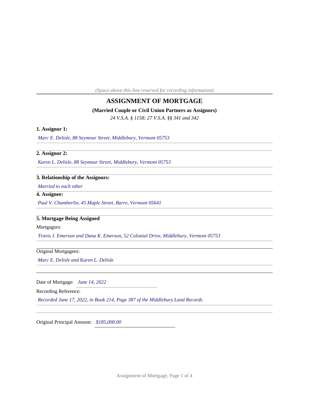 Essex County Completed Example of the Assignment of Mortgage (Married Couple or Civil Union Partners) Document
