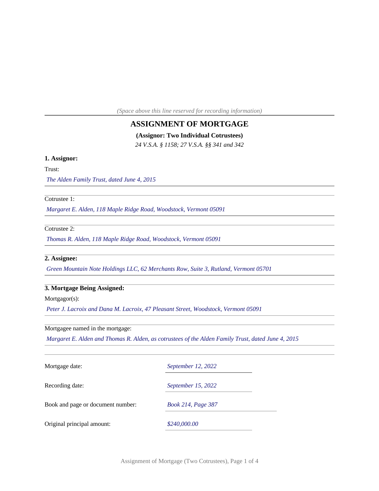Essex County Completed Example of the Assignment of Mortgage (Two Individual Cotrustees) Document