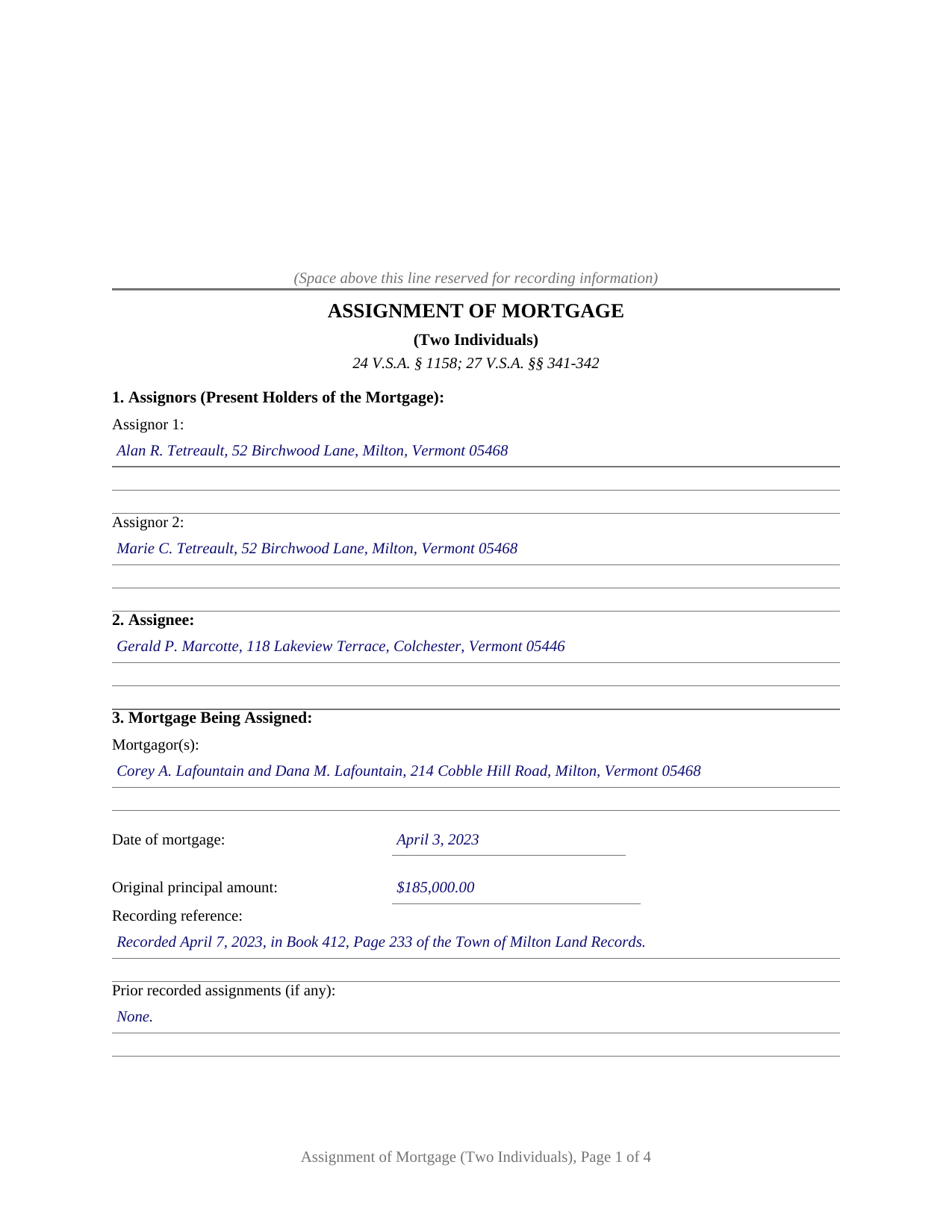 Essex County Completed Example of the Assignment of Mortgage (Two Individuals) Document