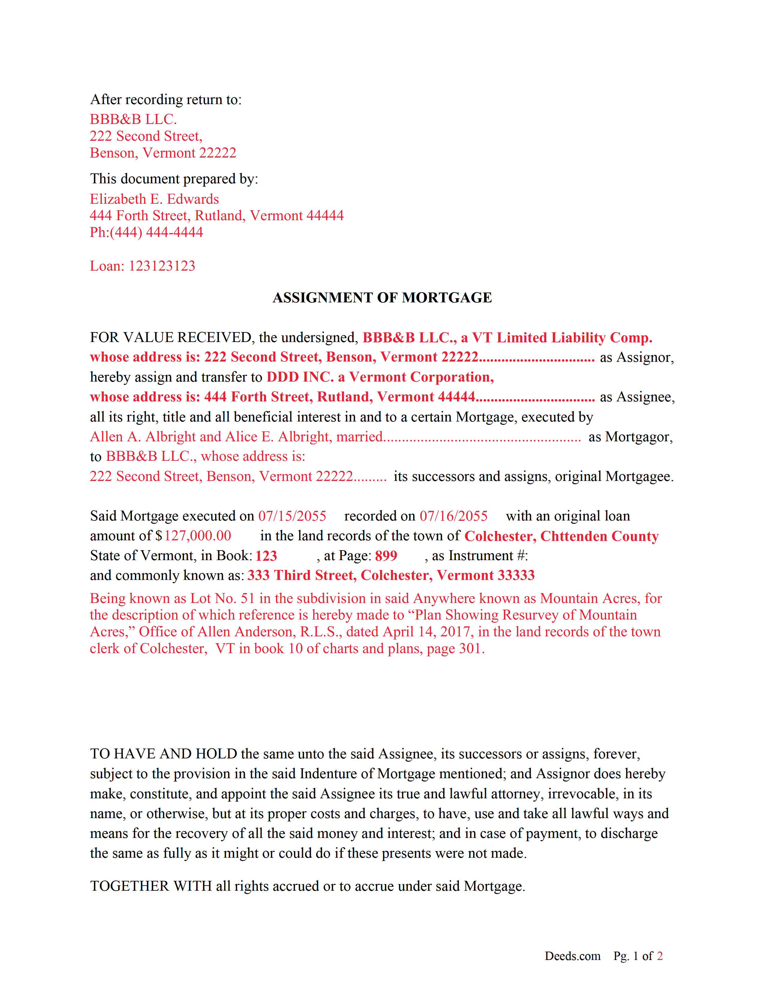Completed Example of the Assignment of Mortgage Document