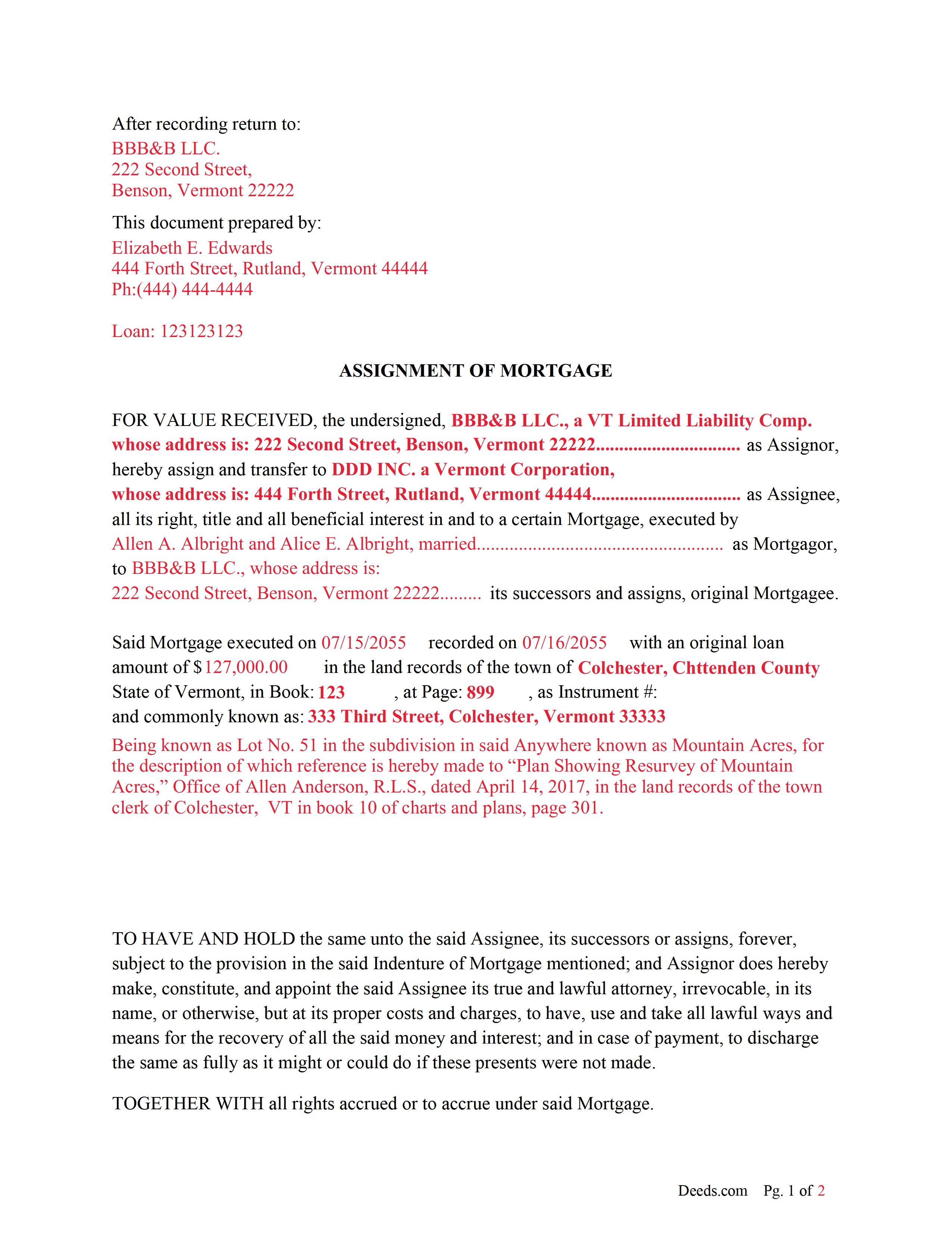 Washington County Completed Example of the Assignment of Mortgage Document