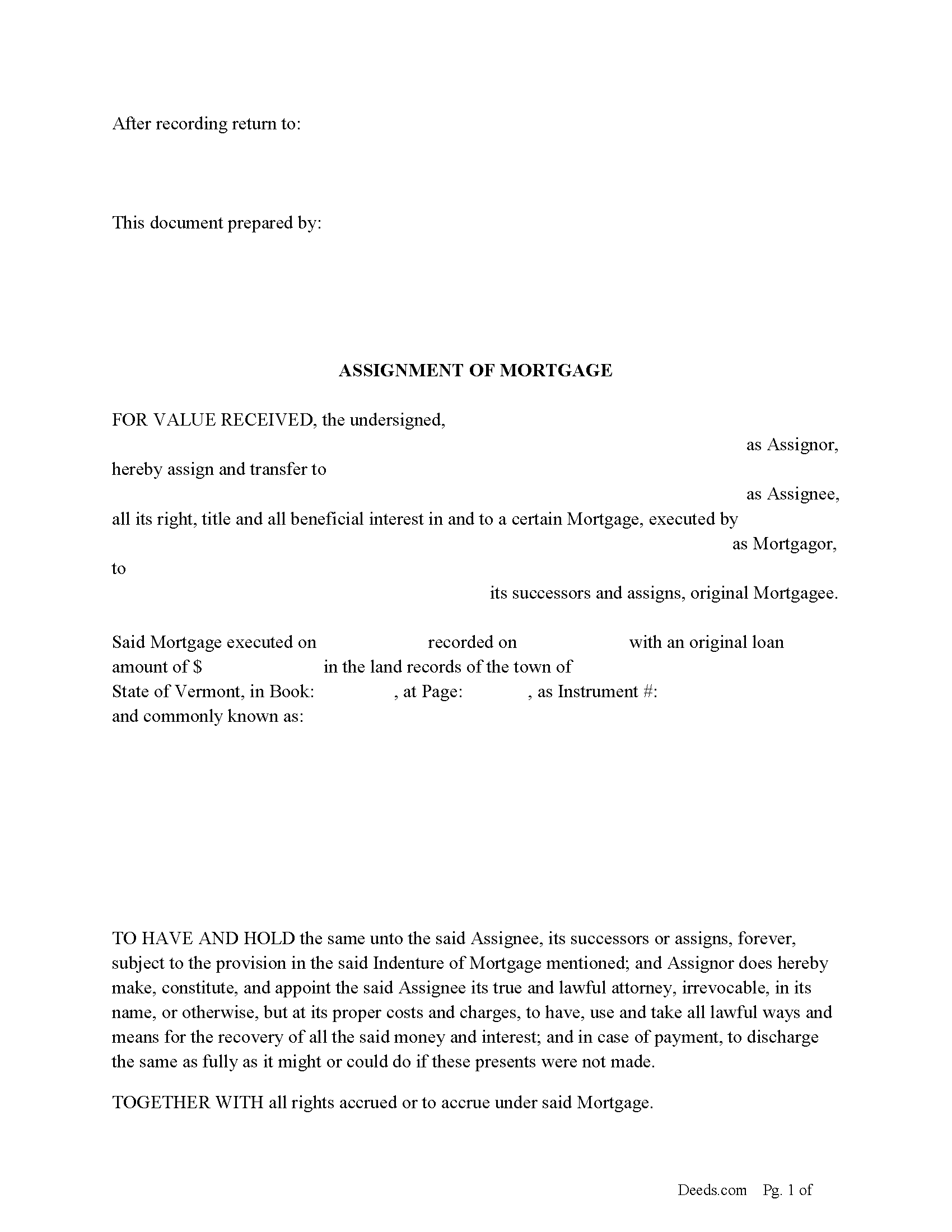 Washington County Assignment of Mortgage Form