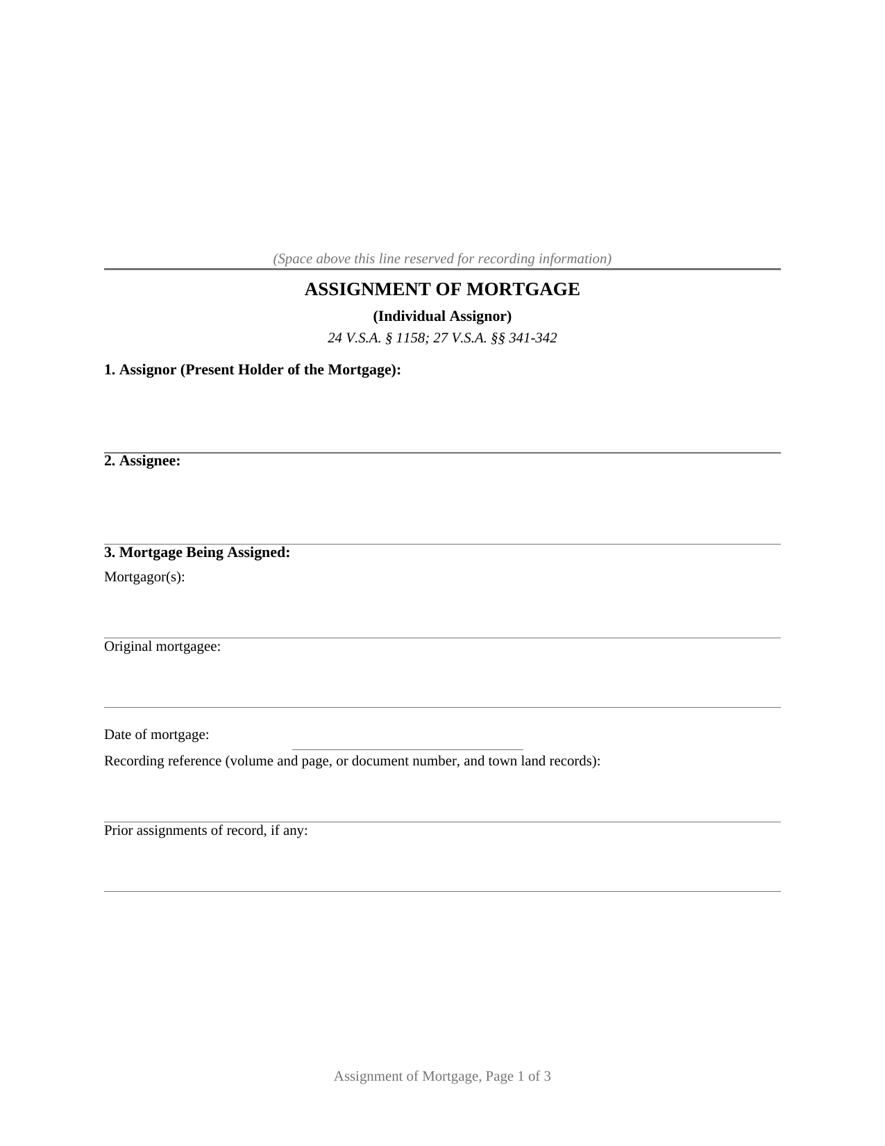 Rutland County Assignment of Mortgage Form