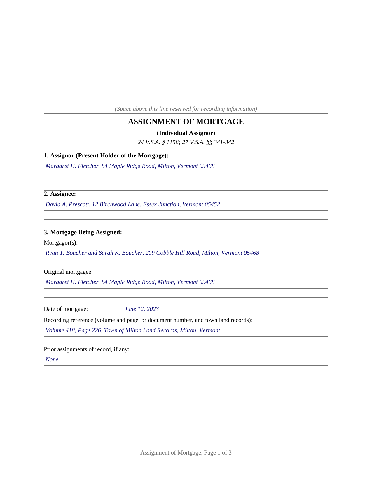 Rutland County Completed Example of the Assignment of Mortgage Document