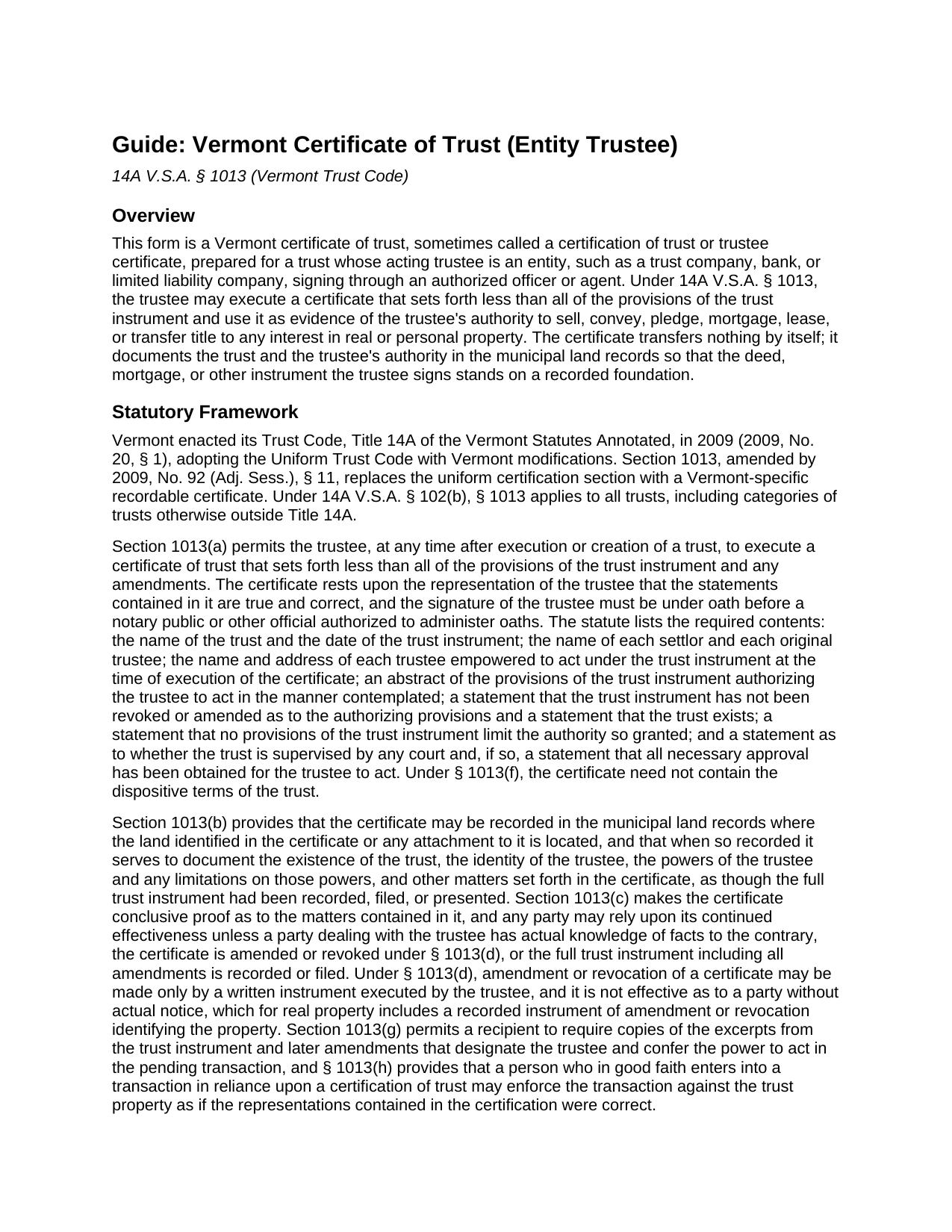 Essex County Certificate of Trust (Entity Trustee) Guide