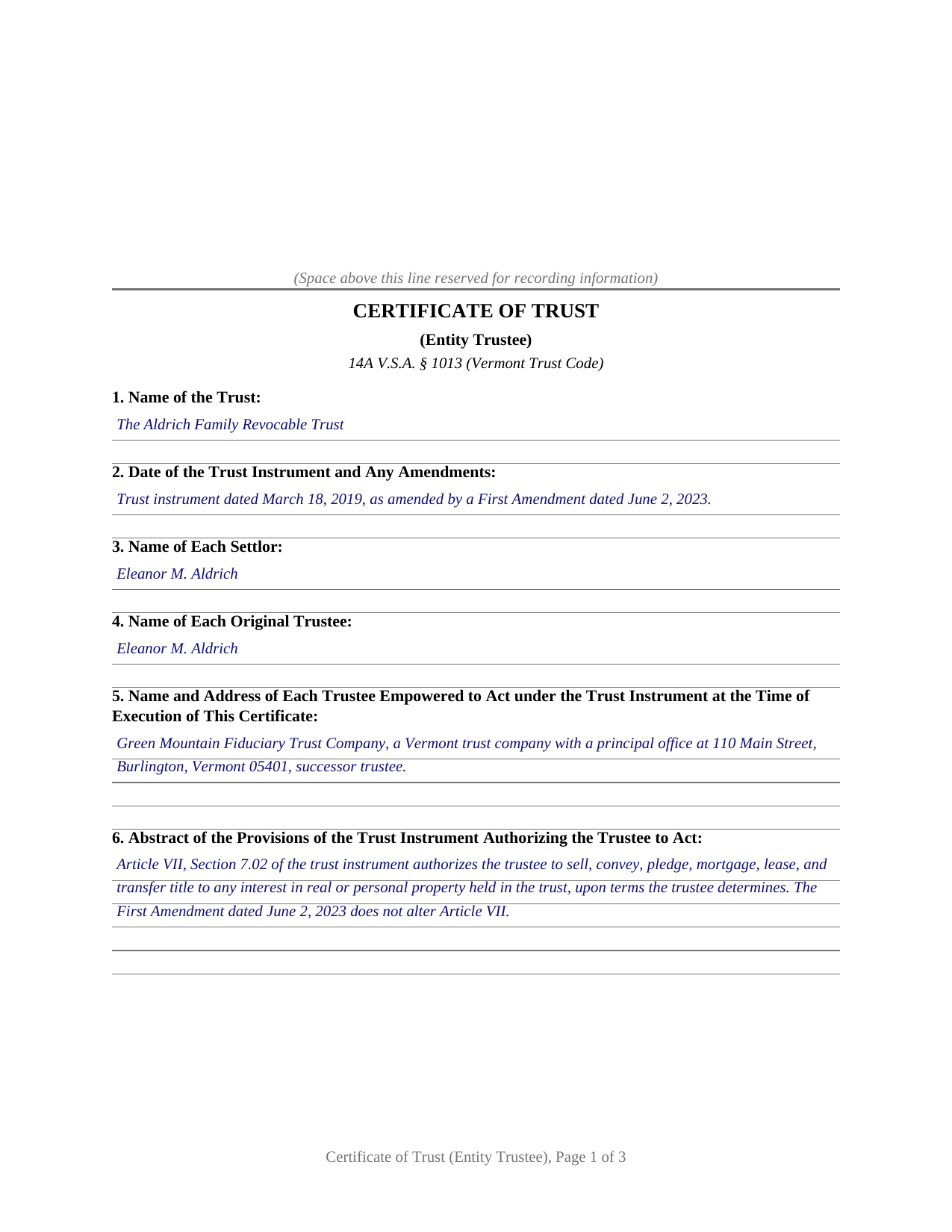 Essex County Completed Example of the Certificate of Trust (Entity Trustee) Document