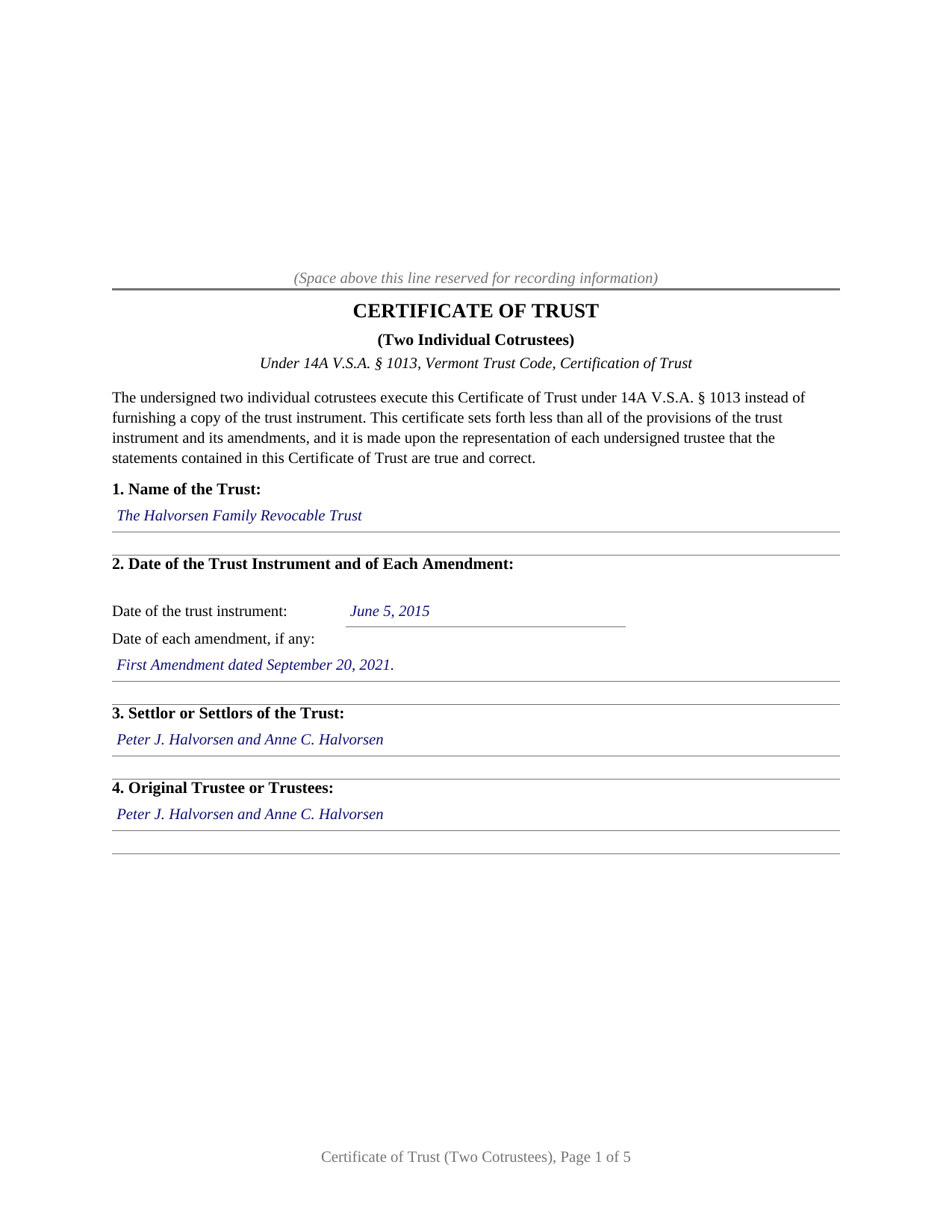 Essex County Completed Example of the Certificate of Trust (Two Individual Cotrustees) Document