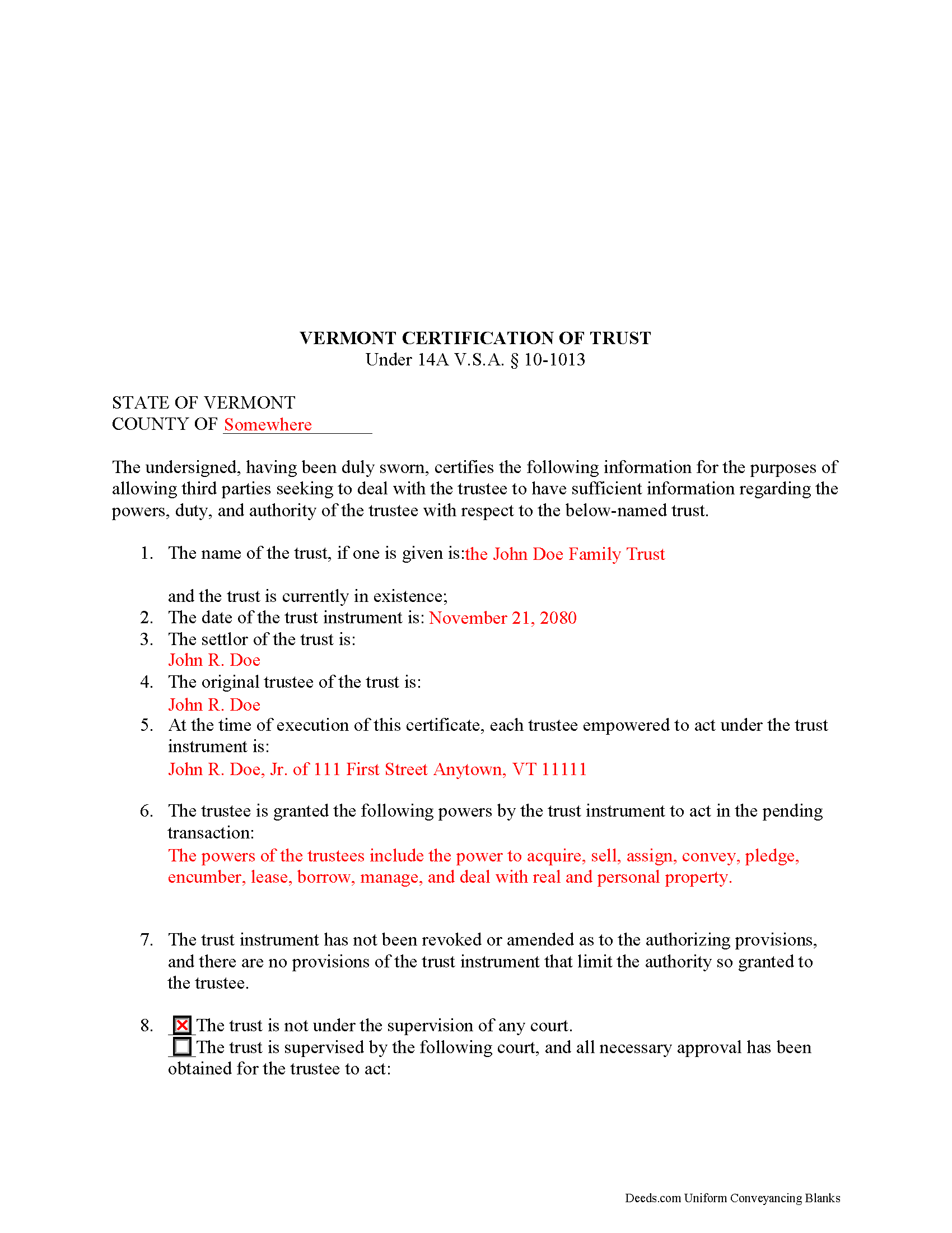 Rutland County Completed Example of the Certificate of Trust Document