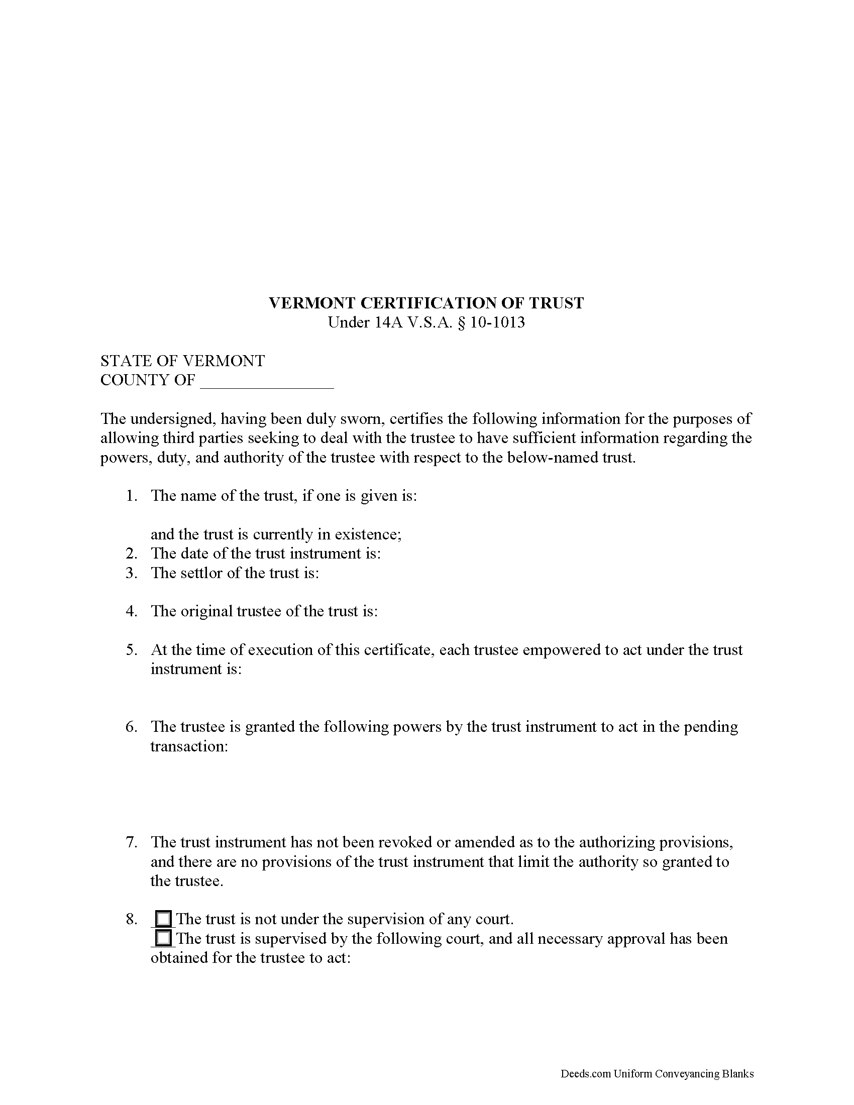 Rutland County Certificate of Trust Form