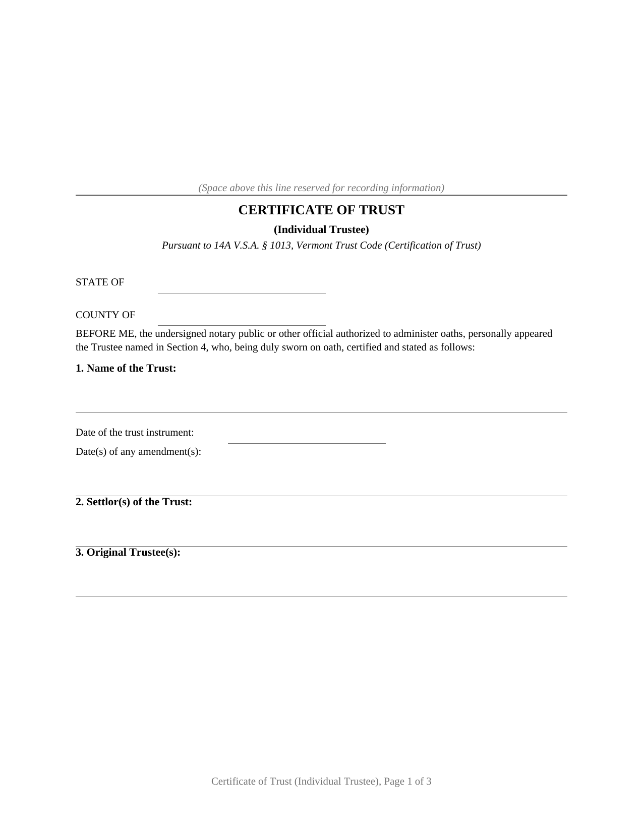 Bennington County Certificate of Trust Form