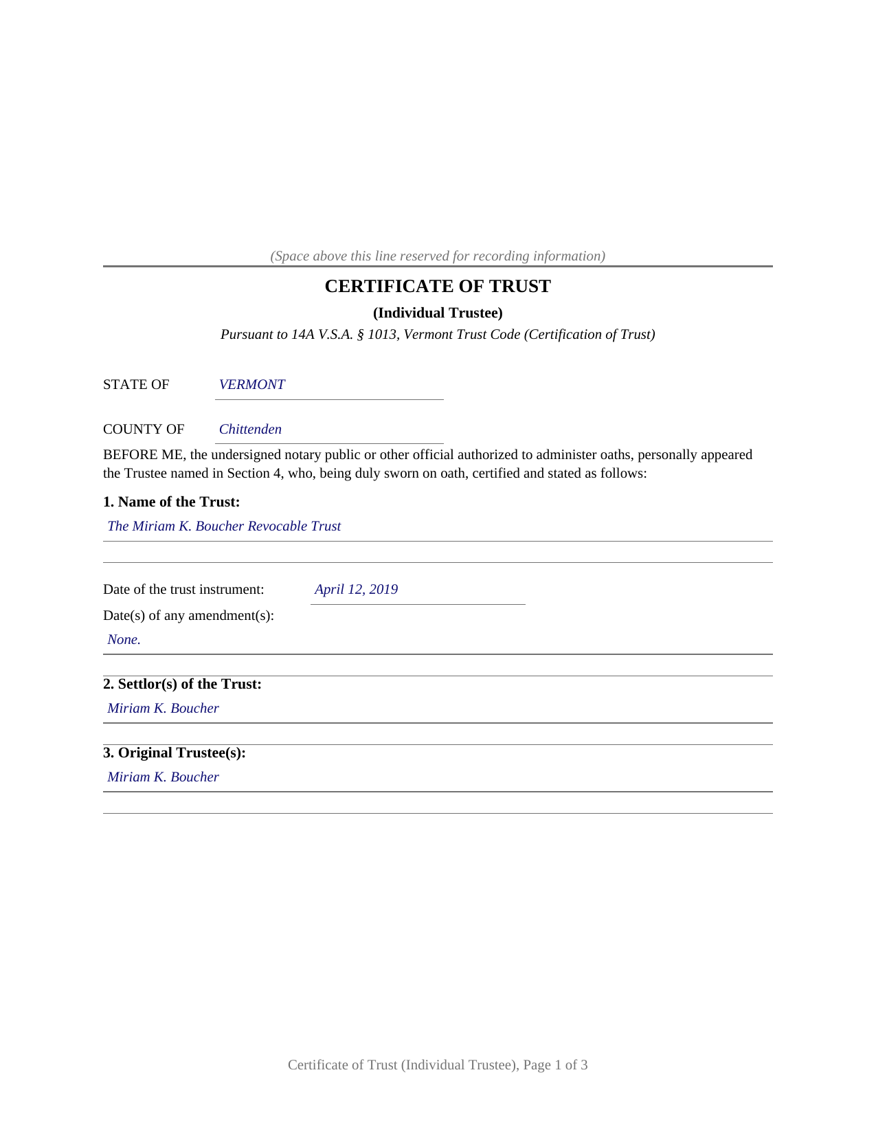 Bennington County Completed Example of the Certificate of Trust Document