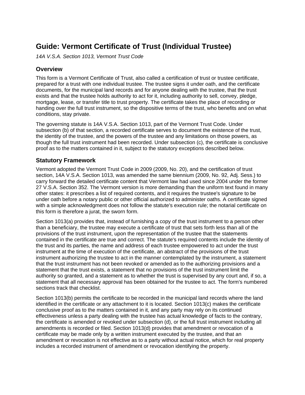 Bennington County Certificate of Trust Guide