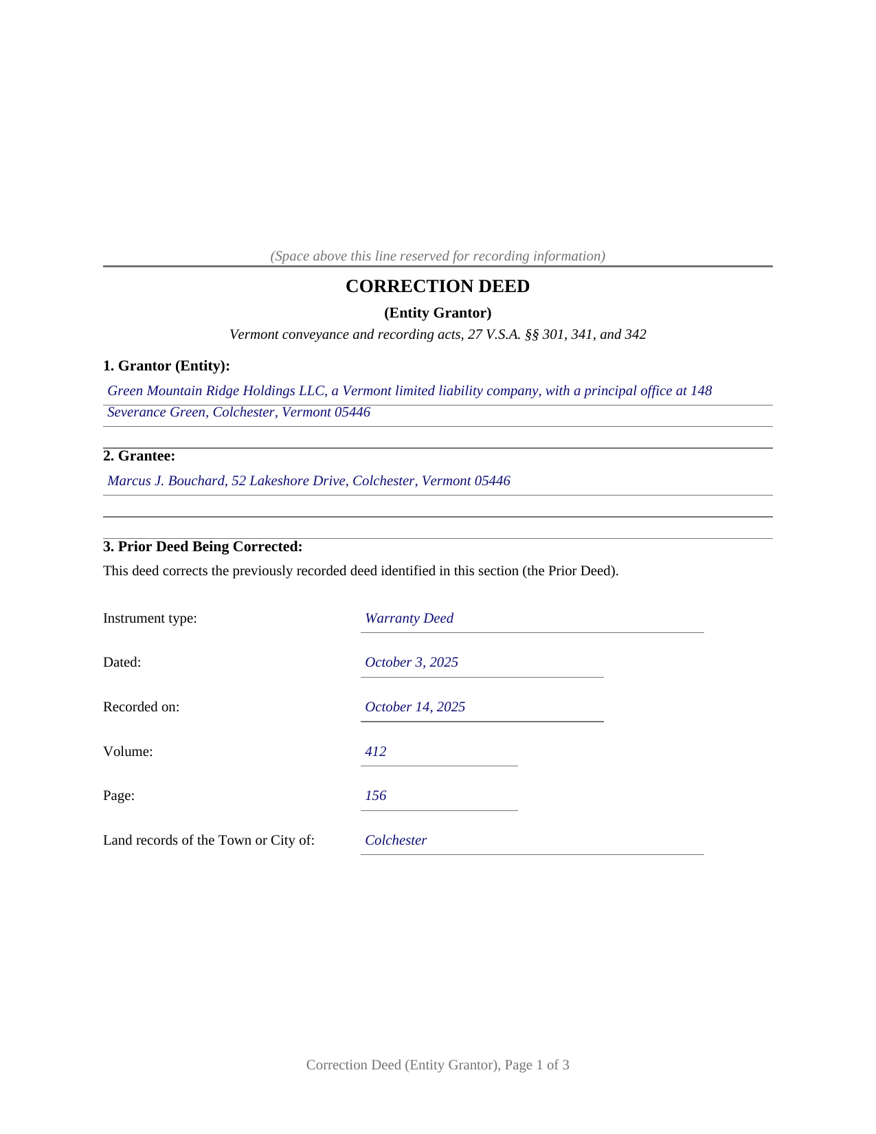 Essex County Completed Example of the Correction Deed (Entity Grantor) Document
