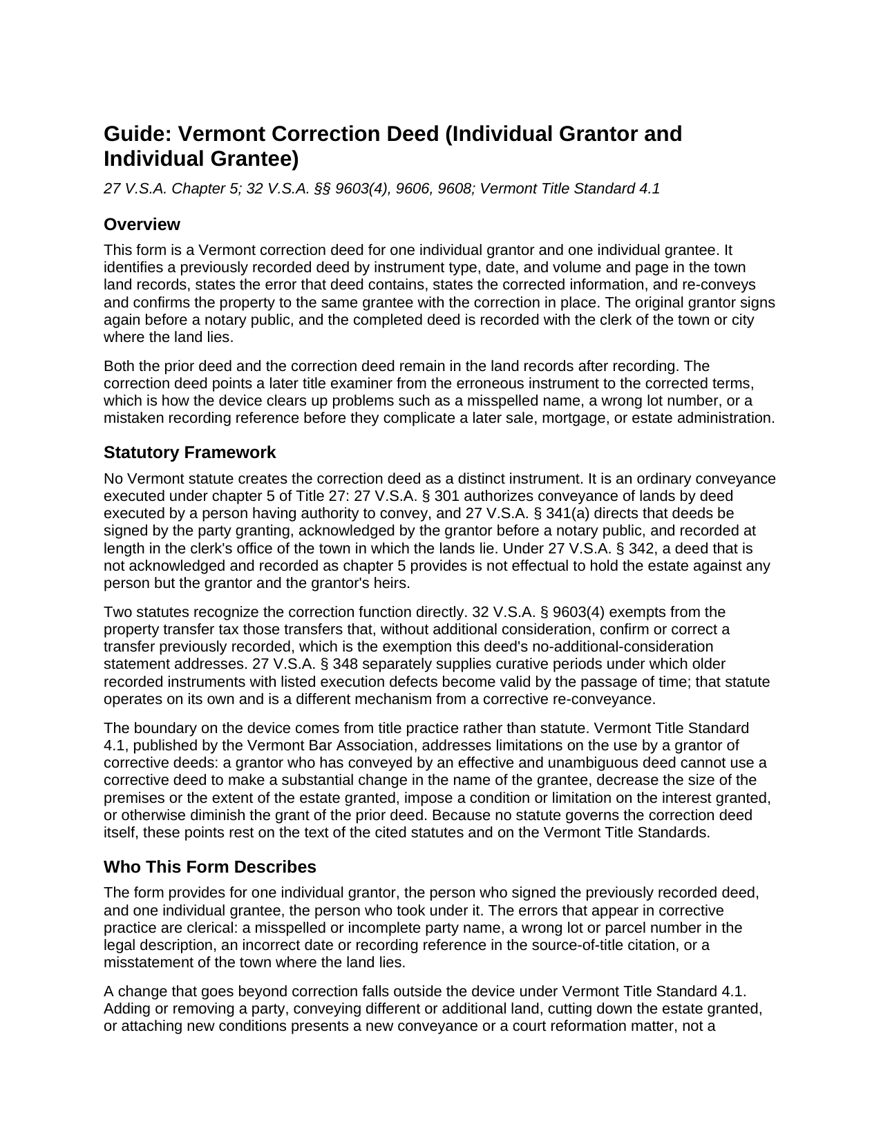 Essex County Correction Deed (Individual Grantor and Individual Grantee) Guide