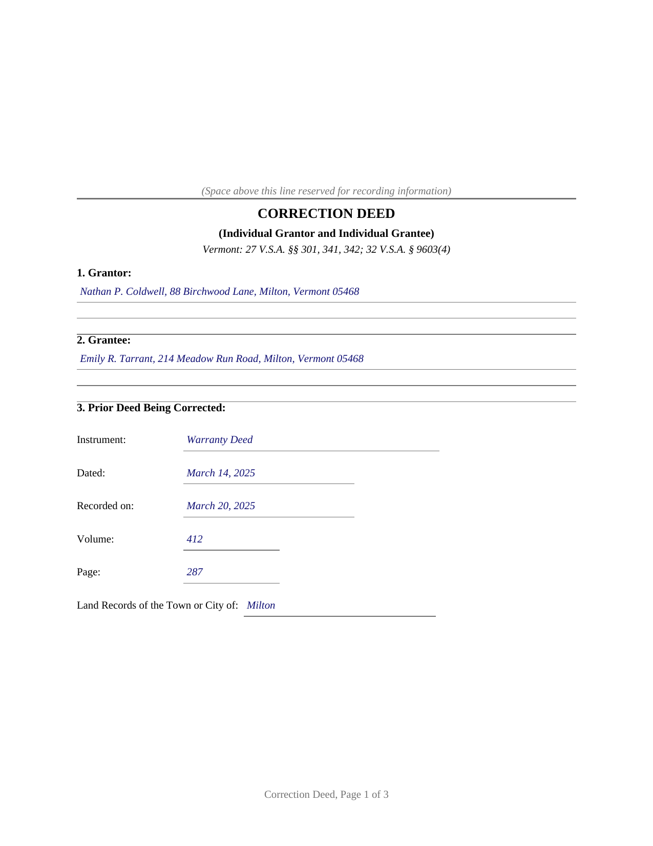 Essex County Completed Example of the Correction Deed (Individual Grantor and Individual Grantee) Document