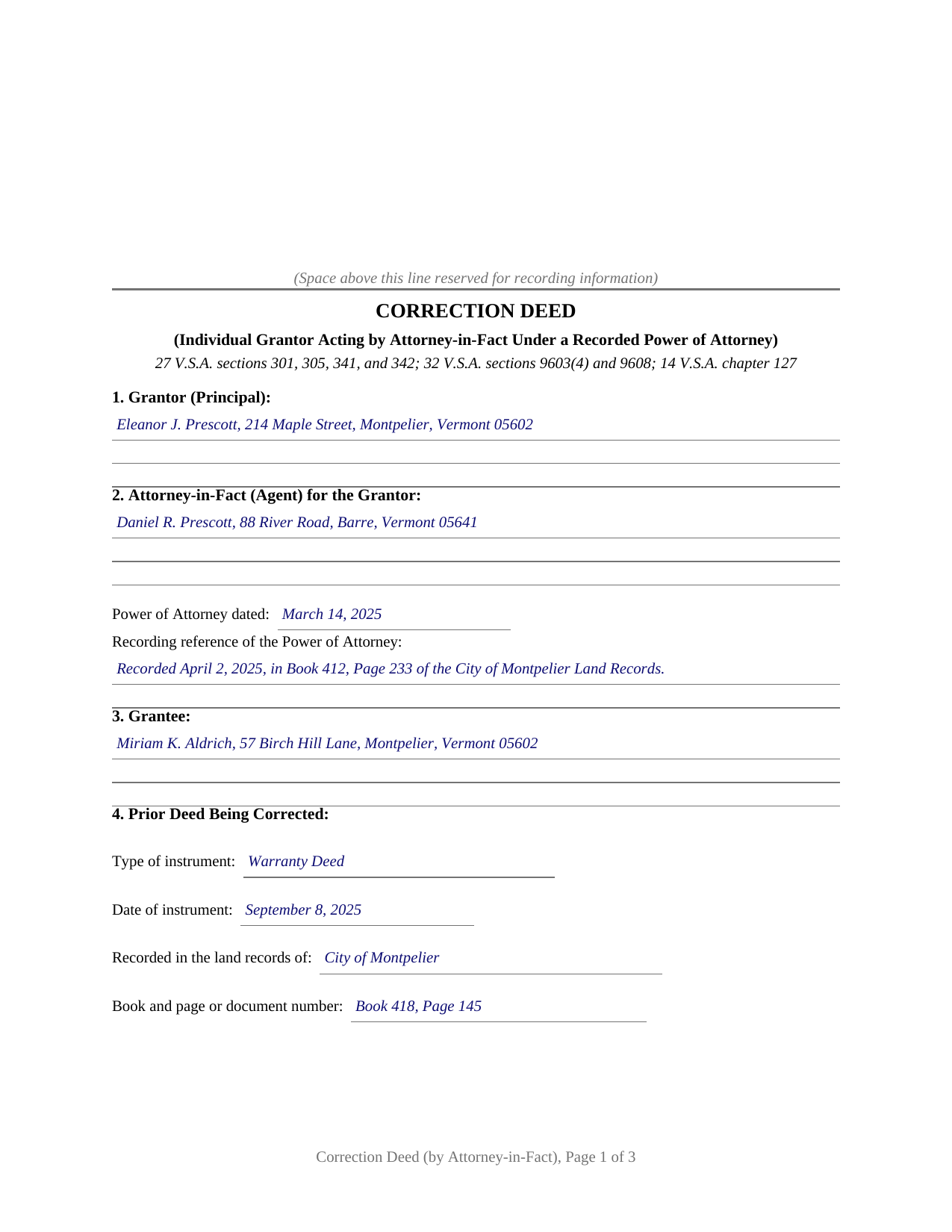 Essex County Completed Example of the Correction Deed (Individual Grantor by Attorney-in-Fact under POA) Document