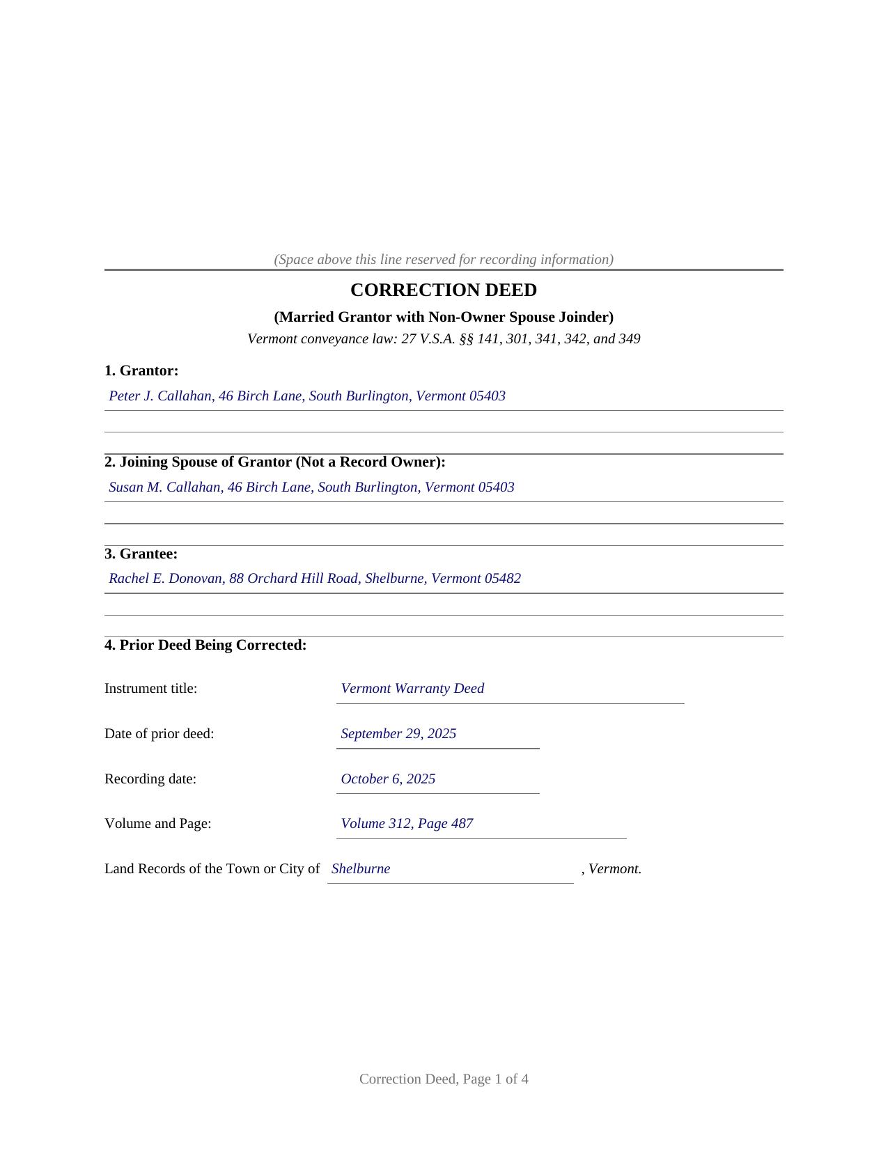 Essex County Completed Example of the Correction Deed (Married Grantor with Non-Owner Spouse Joinder) Document