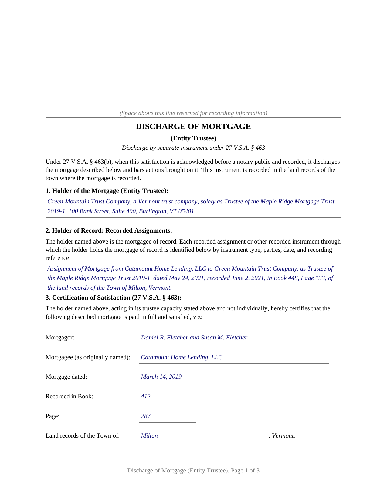 Essex County Completed Example of the Discharge of Mortgage (Entity Trustee) Document