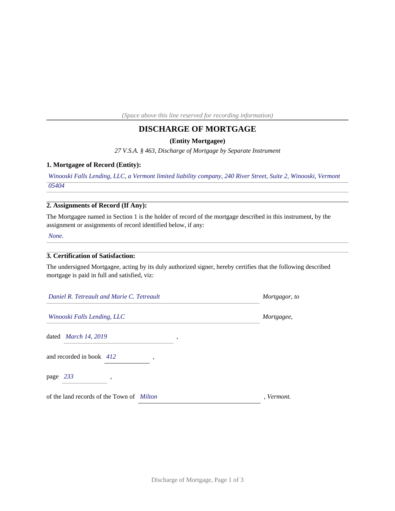 Essex County Completed Example of the Discharge of Mortgage (Entity) Document