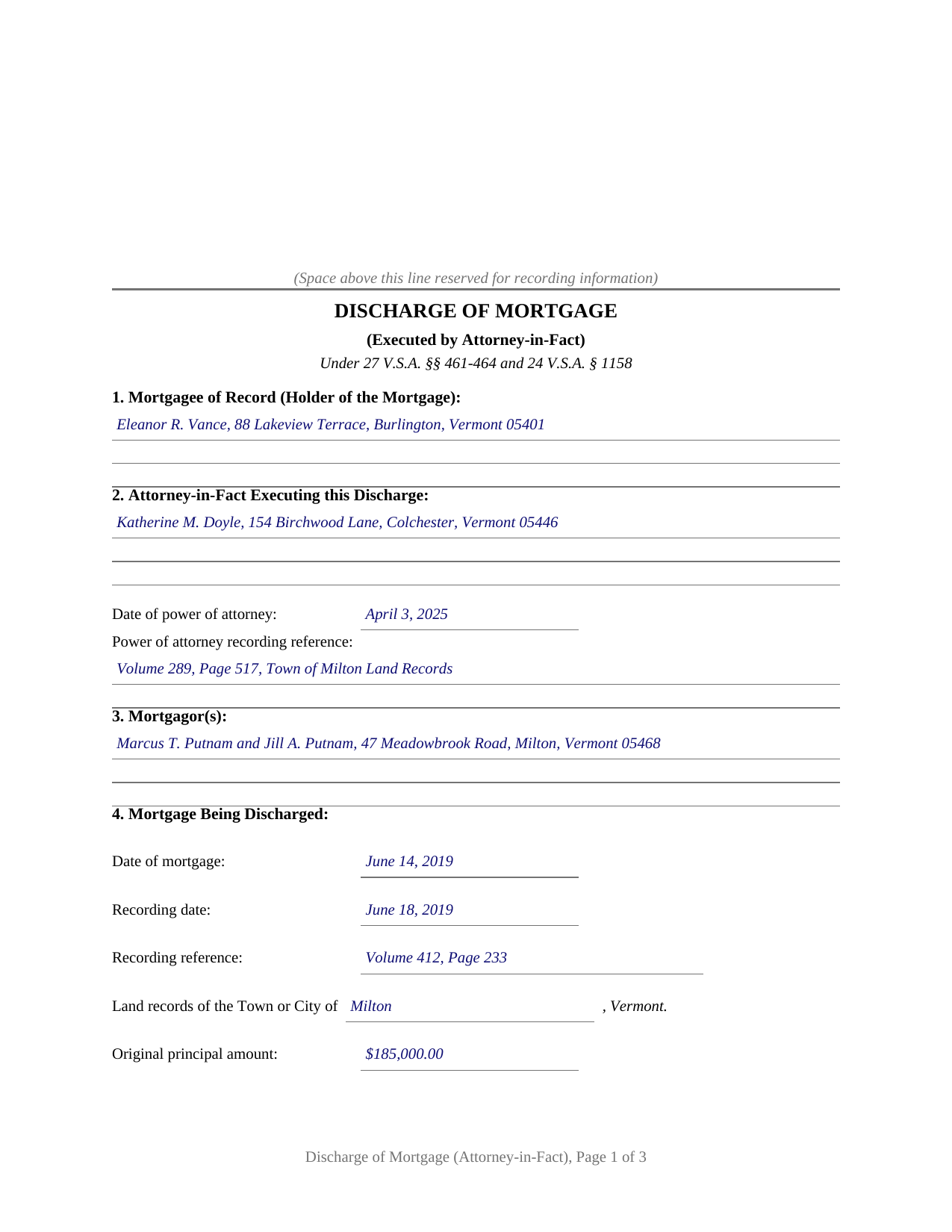 Essex County Completed Example of the Discharge of Mortgage (Executed by Attorney-in-Fact) Document