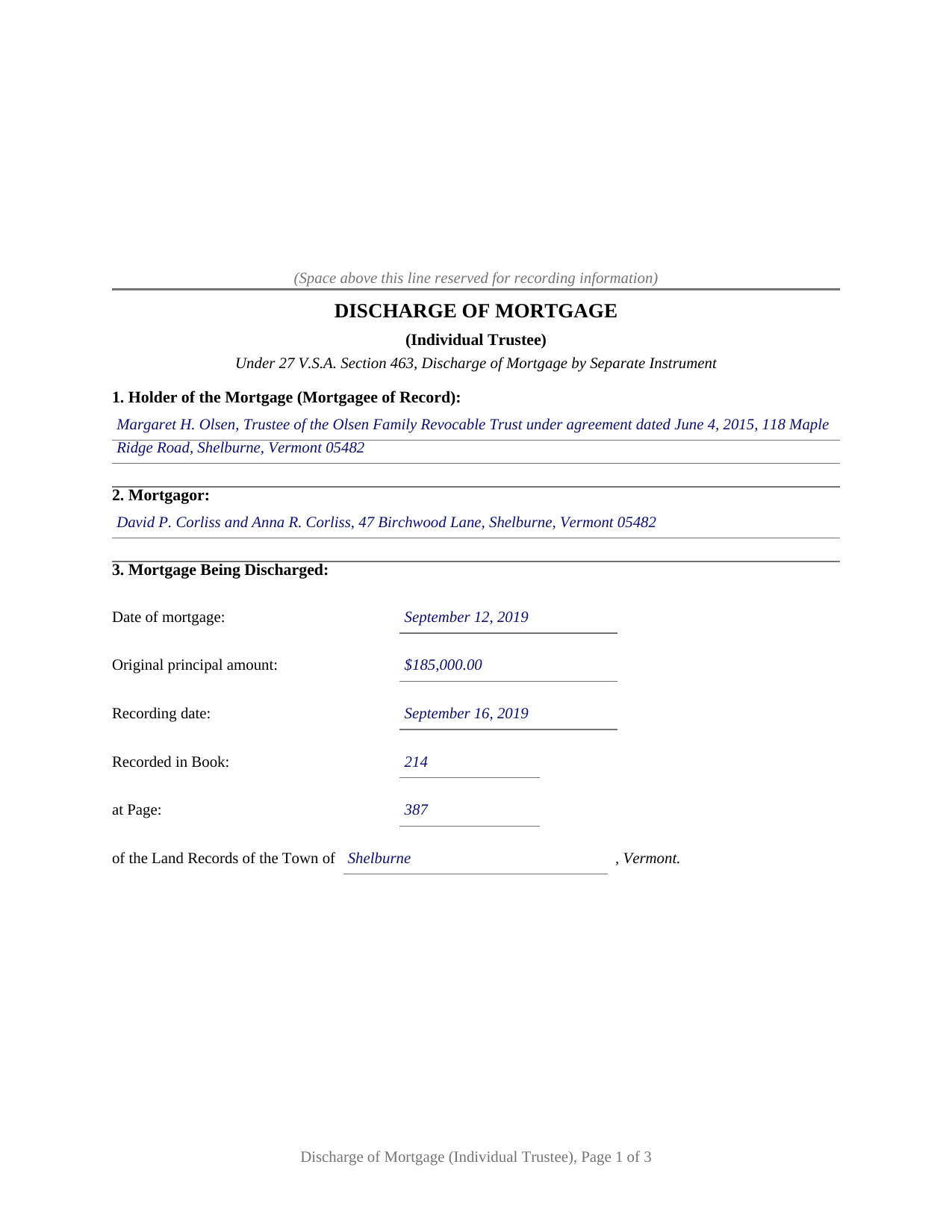 Essex County Completed Example of the Discharge of Mortgage (Individual Trustee) Document