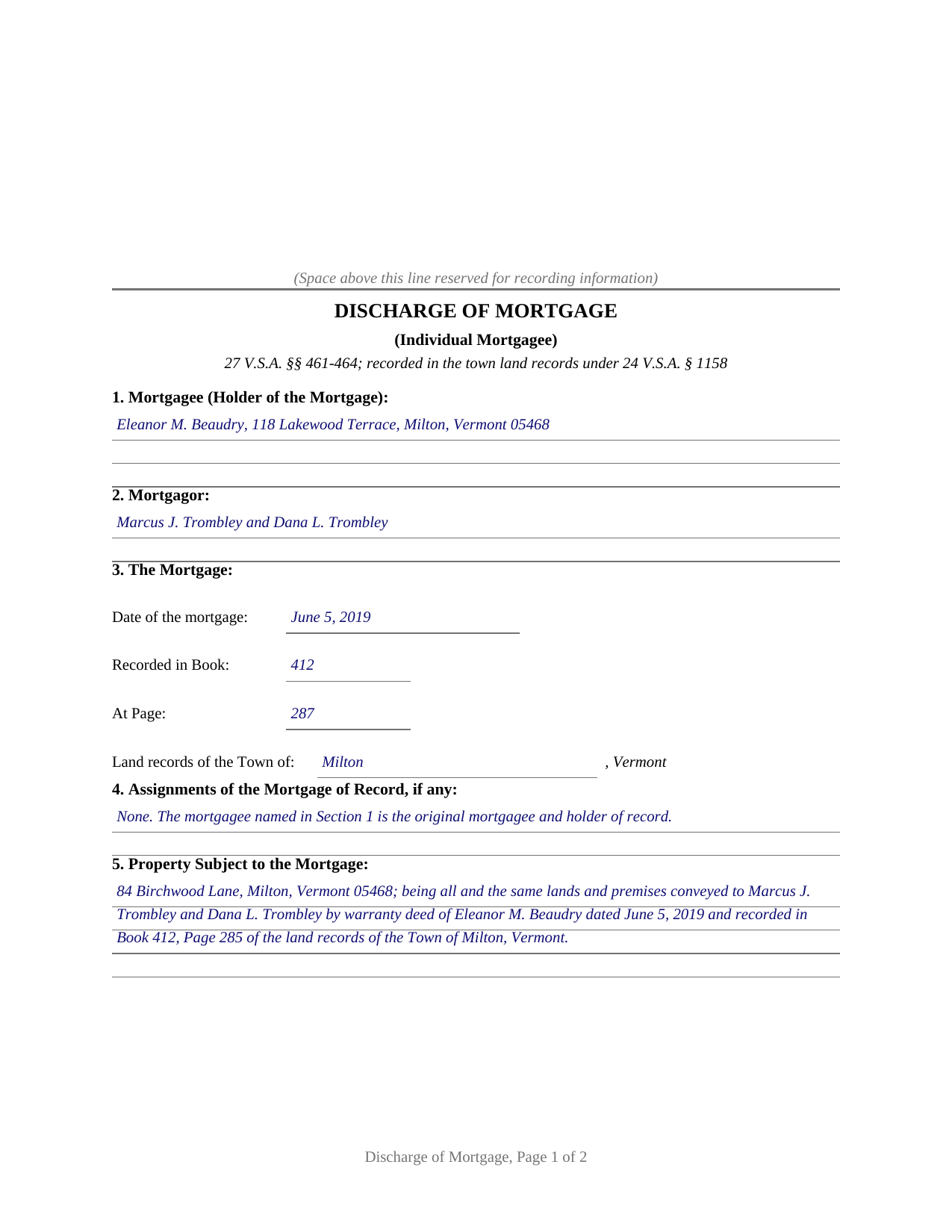 Essex County Completed Example of the Discharge of Mortgage (Individual) Document
