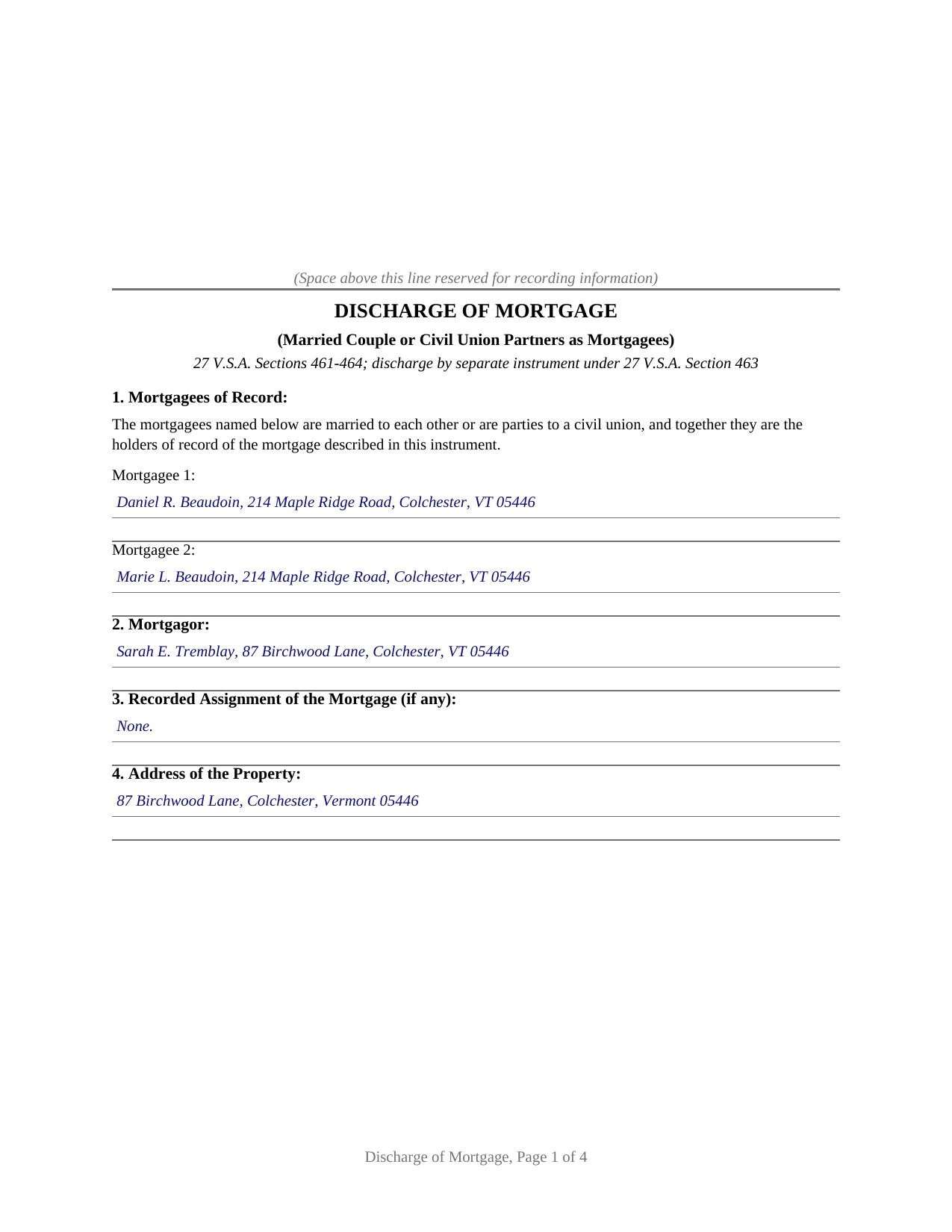Essex County Completed Example of the Discharge of Mortgage (Married Couple or Civil Union Partners) Document