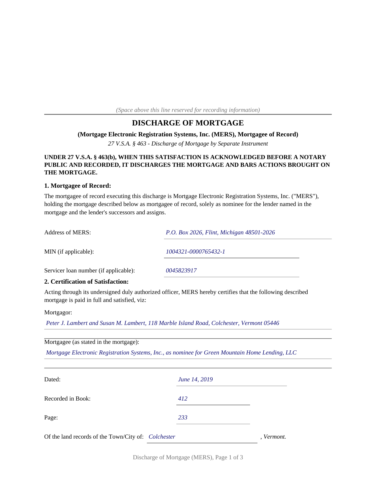 Essex County Completed Example of the Discharge of Mortgage (MERS) Document