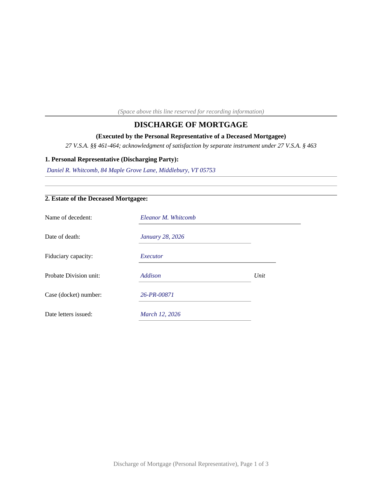 Essex County Completed Example of the Discharge of Mortgage (Personal Representative) Document