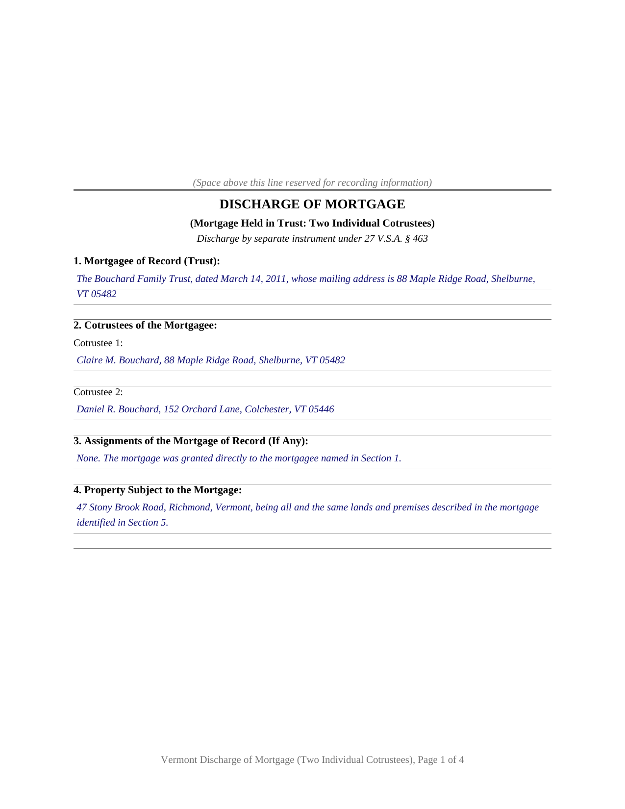 Essex County Completed Example of the Discharge of Mortgage (Two Individual Cotrustees) Document